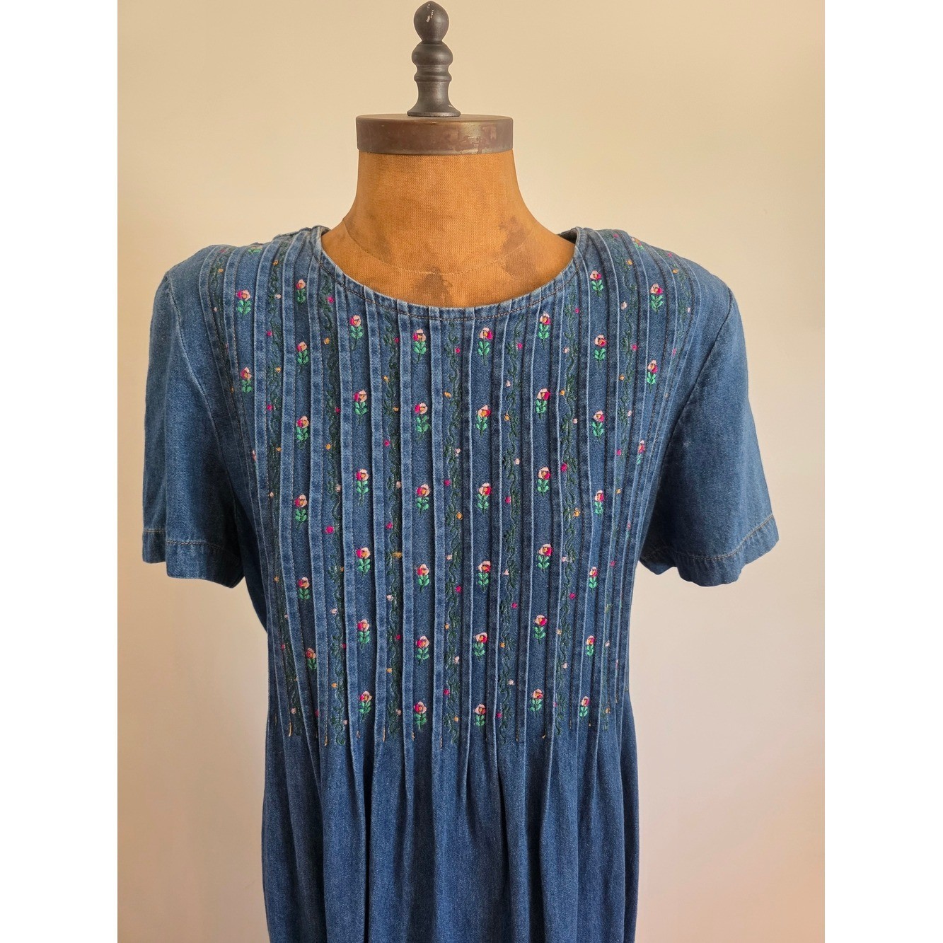 Cottagecore Embroidered Demin Maxi Prairie Dress Floral 90s Karin Stevens Sz 14