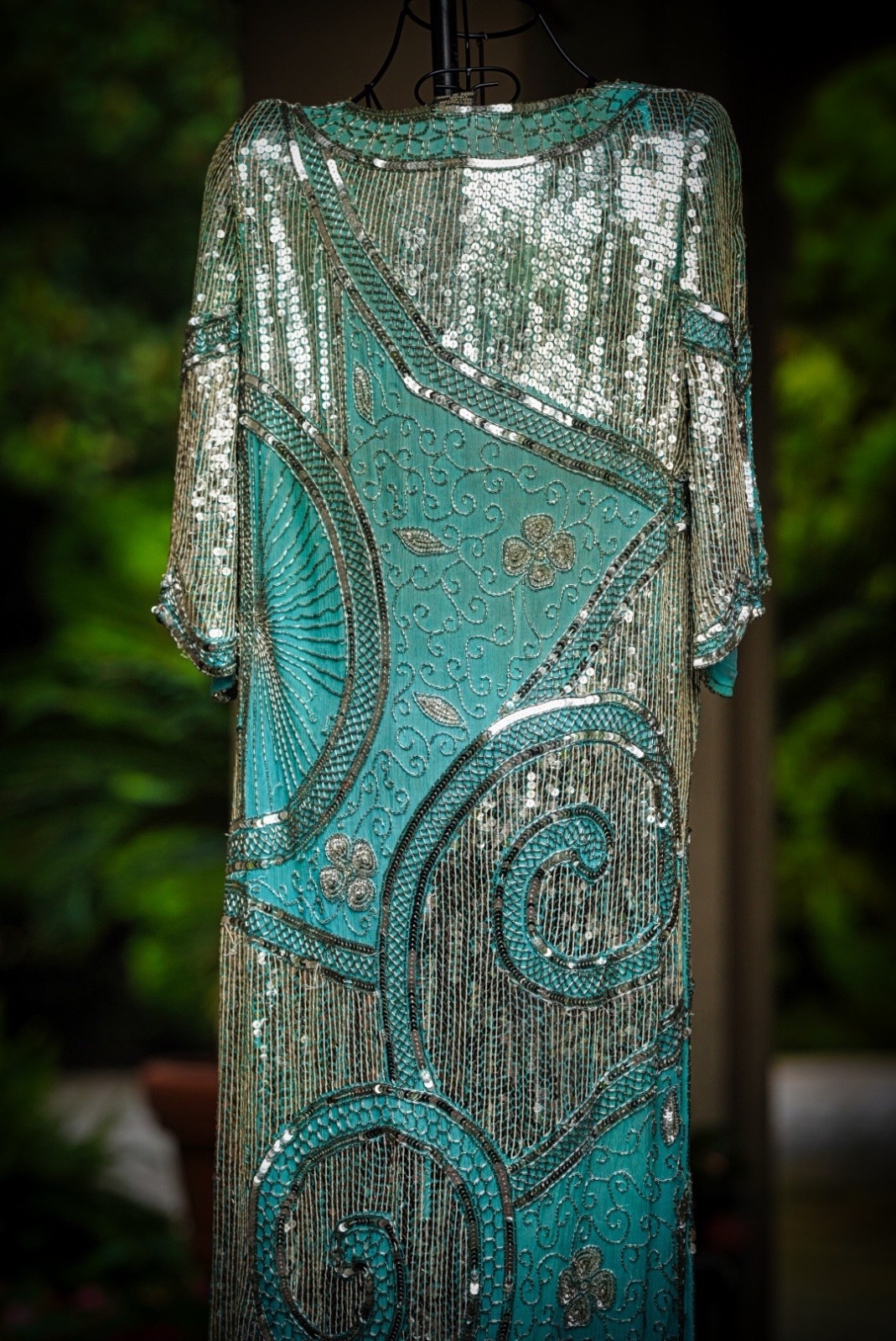 Vintage 1920s-Style Turquoise Silver Beaded Sequin Silk Gown