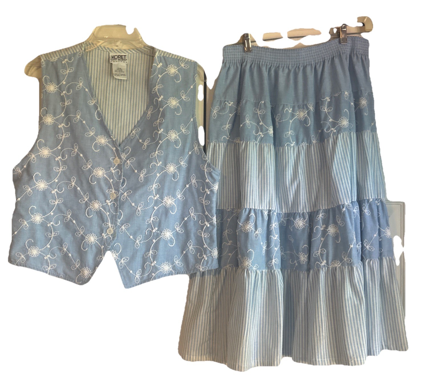 Vtg Koret City Blues, Vest, Skirt Set Petite Large. Blue & White