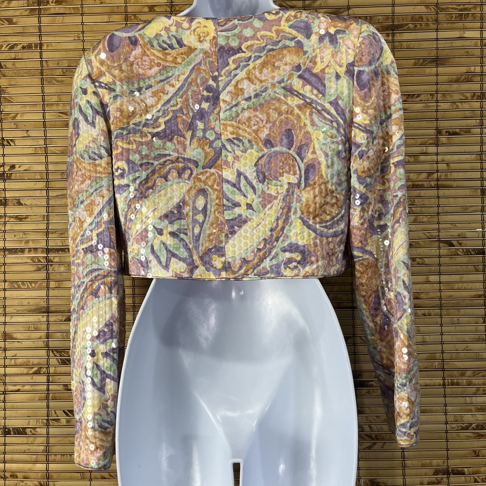 Vintage A.J. Bari Jacket Womens 8 Multicolor Silk Paisley Sequin Cropped Jeweled