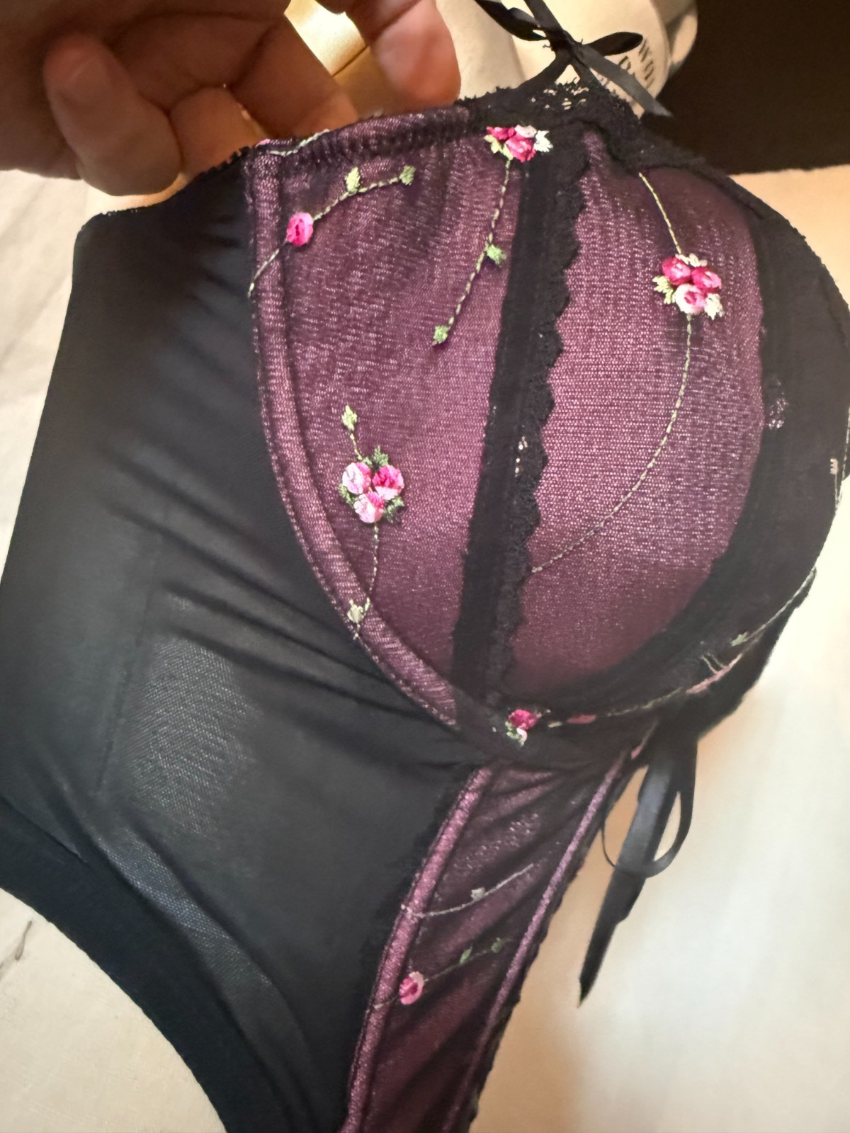 LACE FRONT CORSET BUSTIER « ENCHANTED » SHEER BLACK NYLON w EMBROIDERED CUPS 42DD
