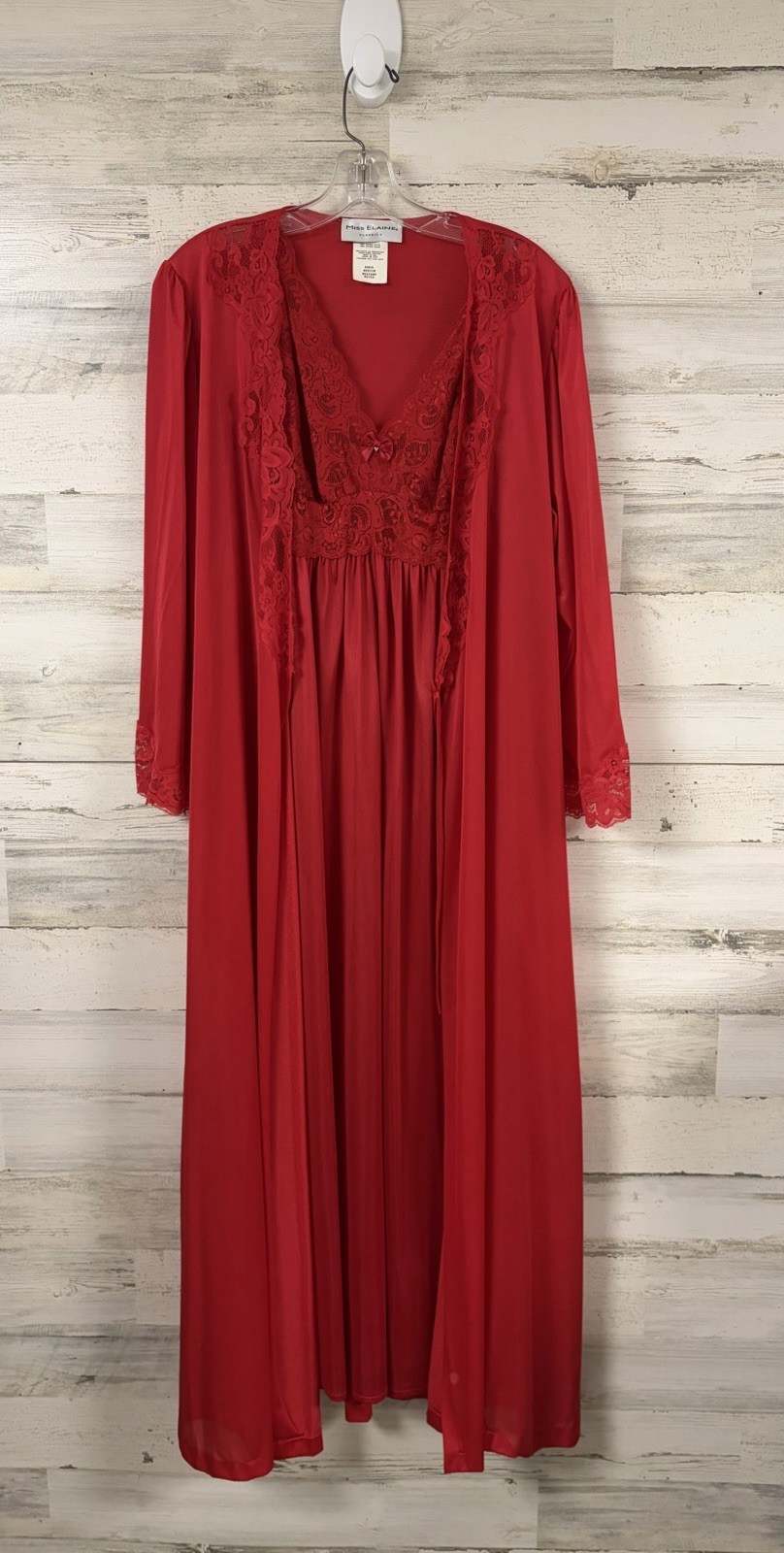 2 Pc Vtg MISS ELAINE Peignoir Red Silky Gown Robe Med Lingerie Romantic Nylon