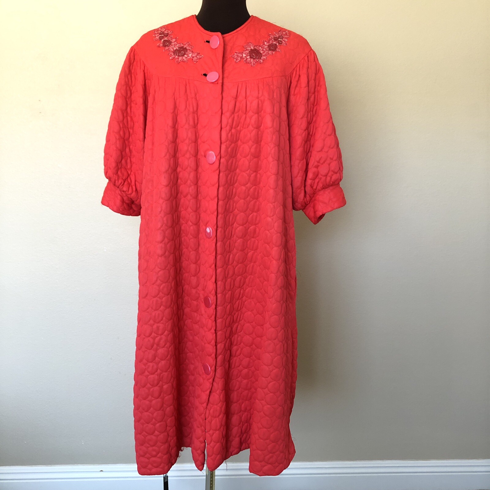 50&rsquo;s 60&rsquo;s Vintage Quilted House Dress Robe Red Pockets Applique No Label