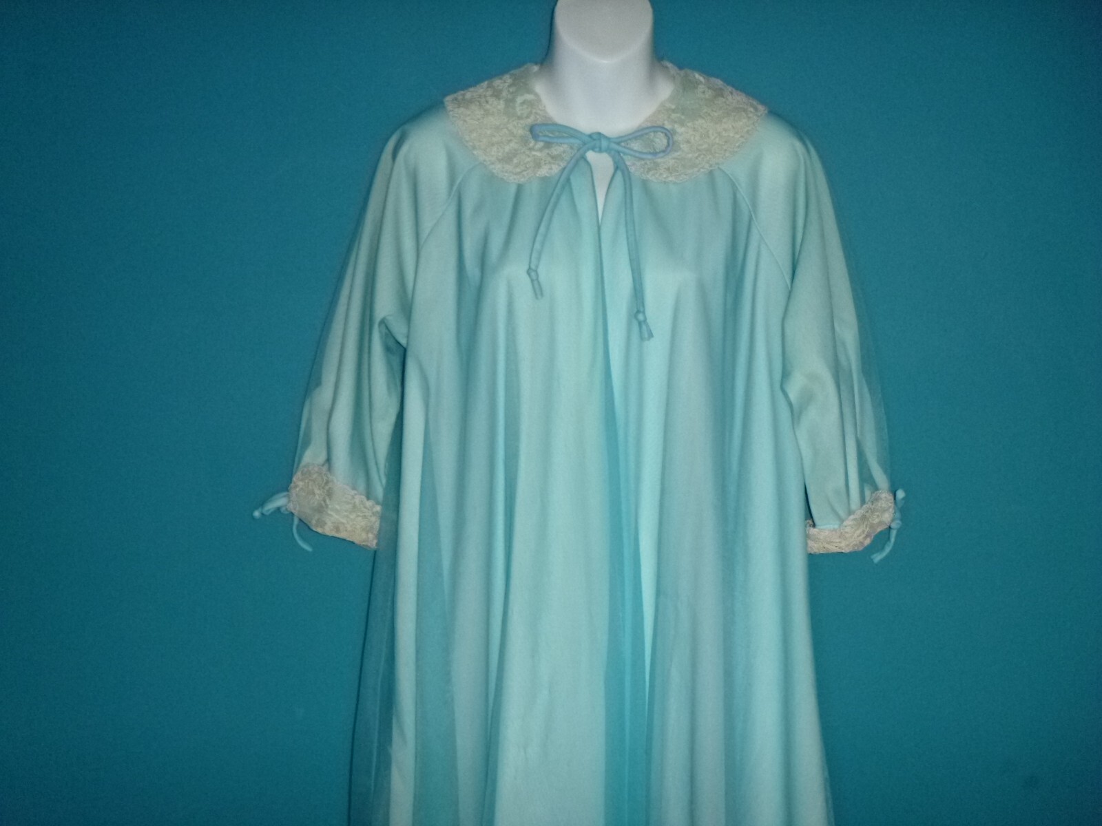 Vtg 50s Odette Barsa 2 Layer Chiffon Over Nylon Robe Turquoise Off White Sz M