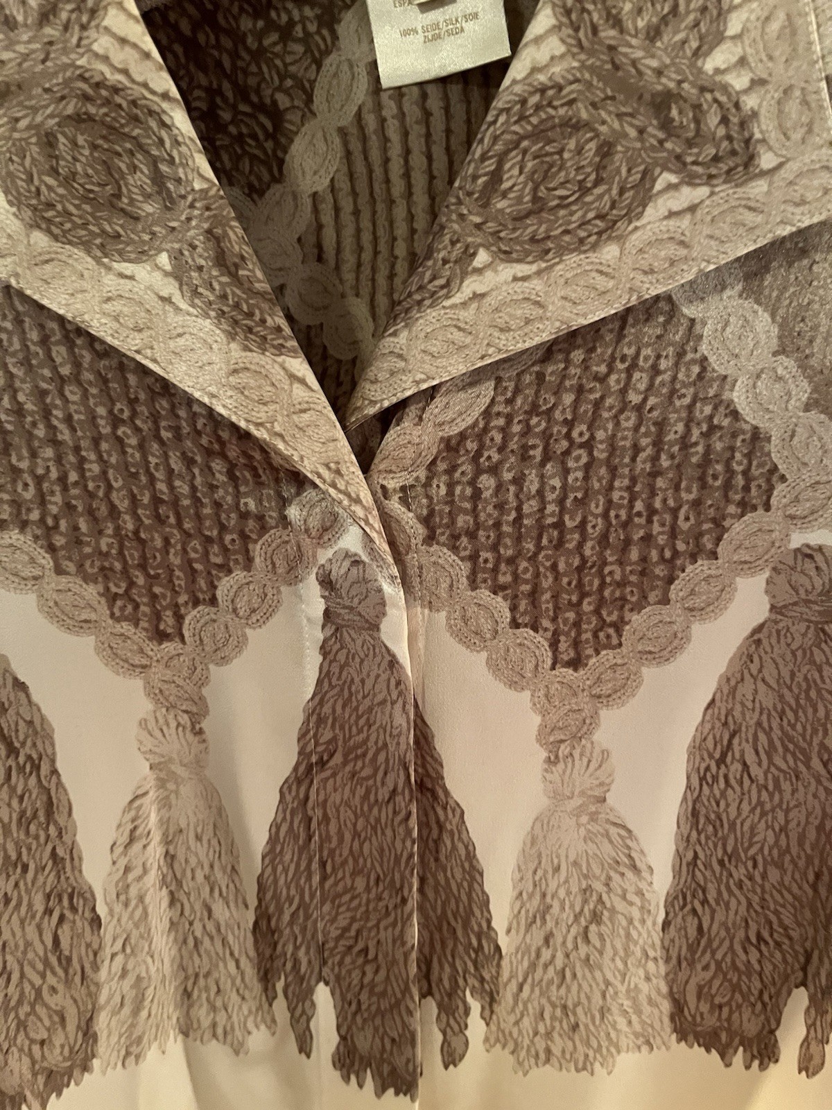 Vintage Escada Cream & Beige Silk Tassel Print Blouse Size 38