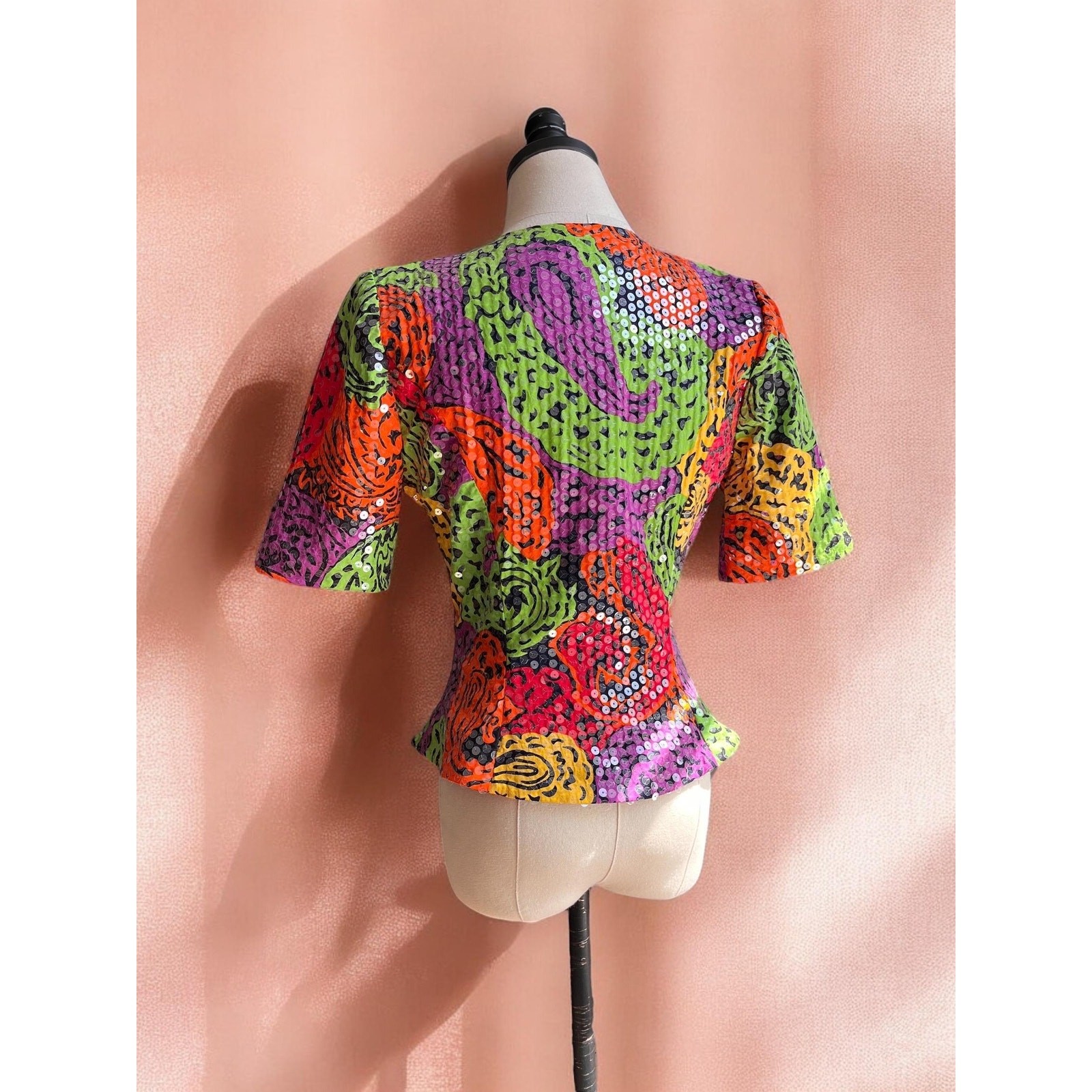 Vintage 80s Sequin Jacket Top | Neon Psychedelic Print Puff Sleeve Tailored |S/M