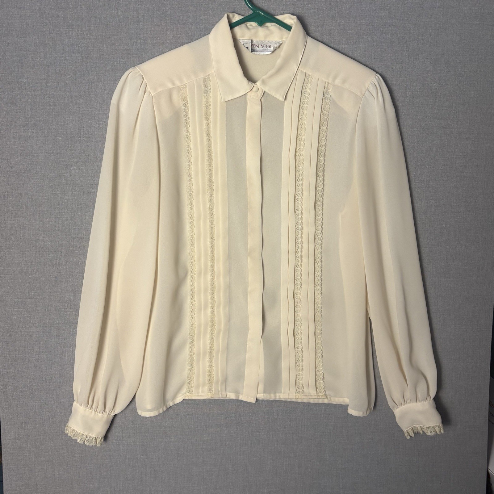 Vtg 80s Peach High Neck Romantic Lace Blouse Coquette Women Size Medium
