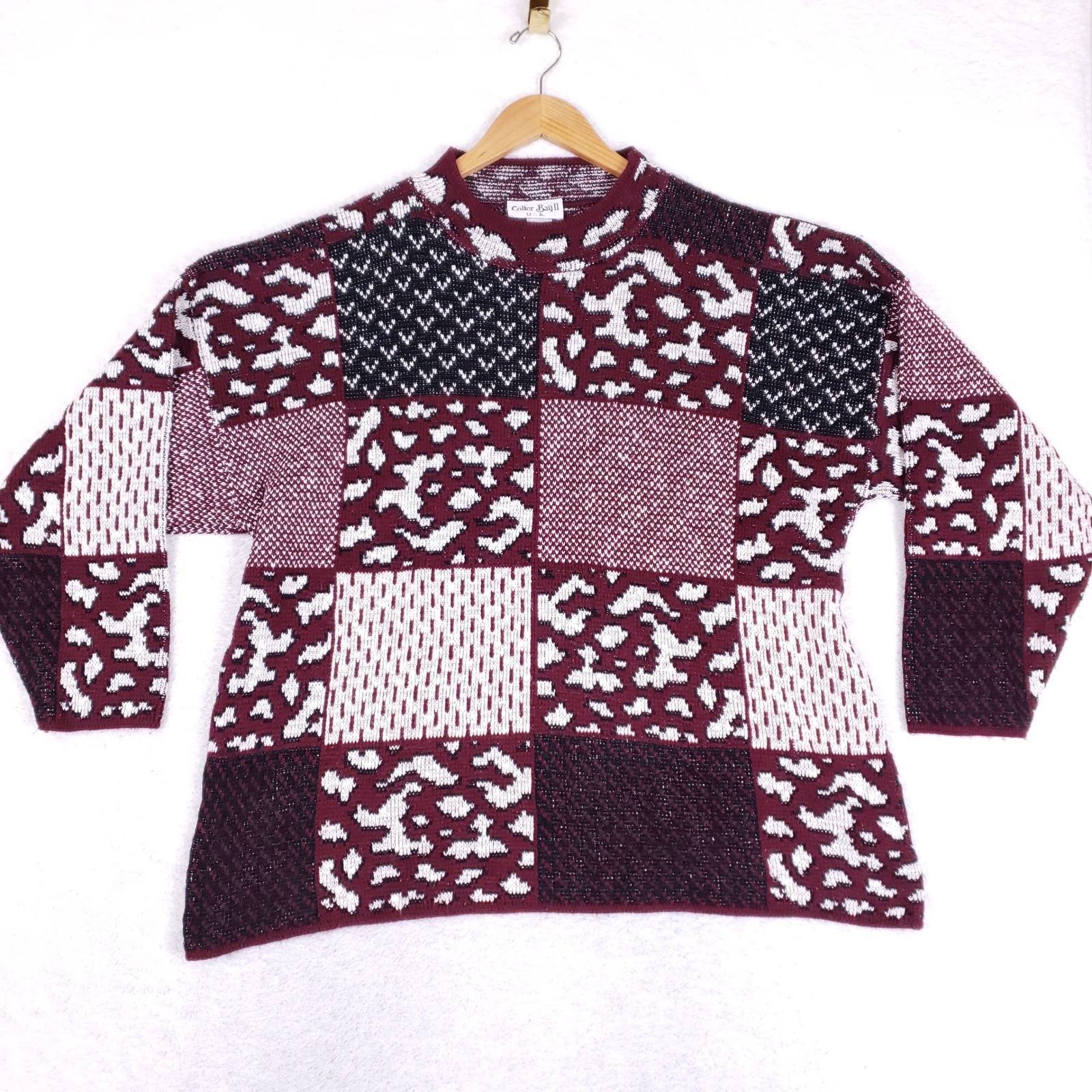 Colter Bay II Sweater Womens 1X Vintage Patchwork Animal Knit Red Coogi Style