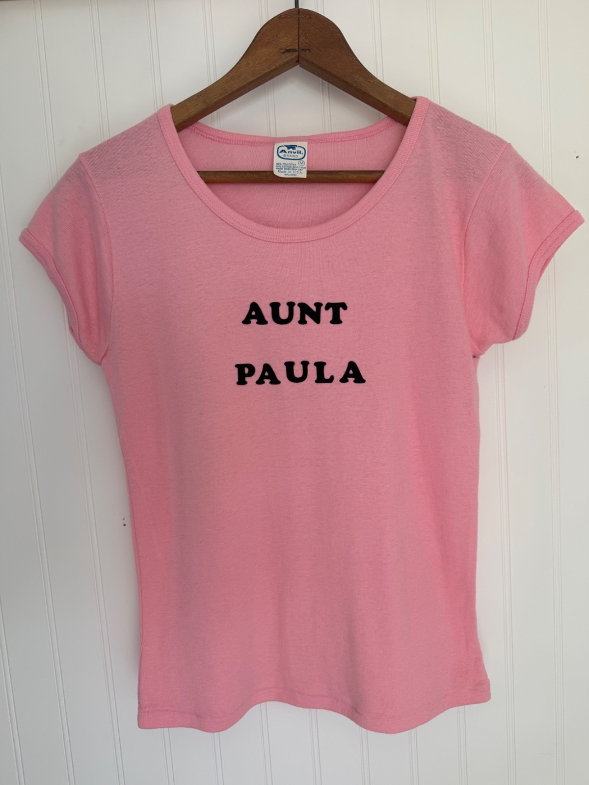 Vintage 1970s Women&rsquo;s Pink AUNT PAULA Tshirt Anvil Label Size M Cap Sleeve