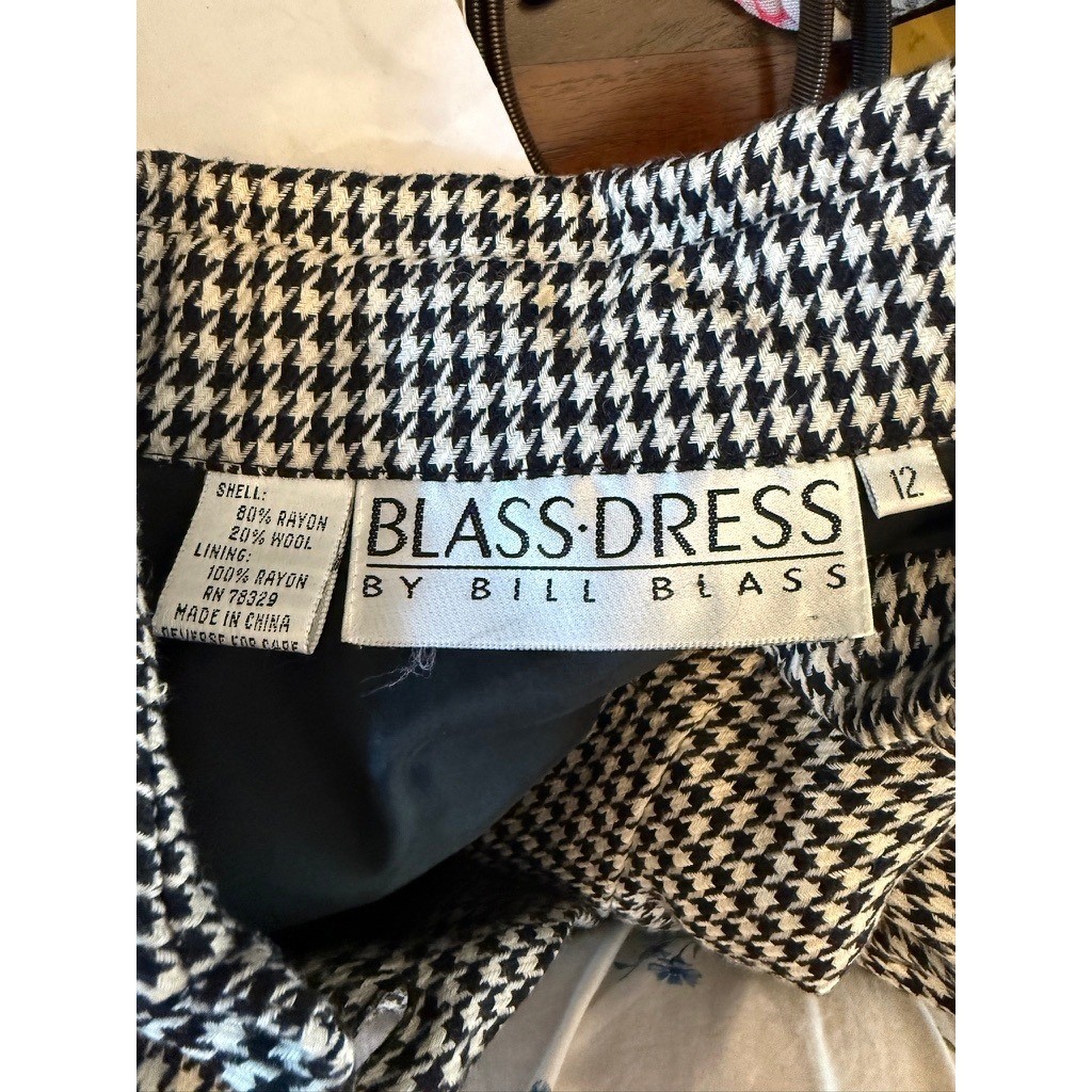 Bill Blass Vintage 90s Houndstooth Knit Shirtdress Black White Gold Button Sz 12