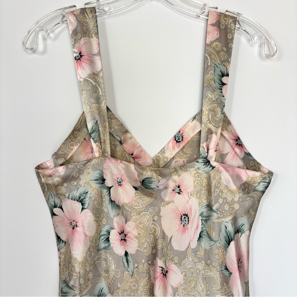 Vintage Satin Chemise Slip Dress 80&rsquo;s Coquette Ruffle Floral Pinup Girl Glam