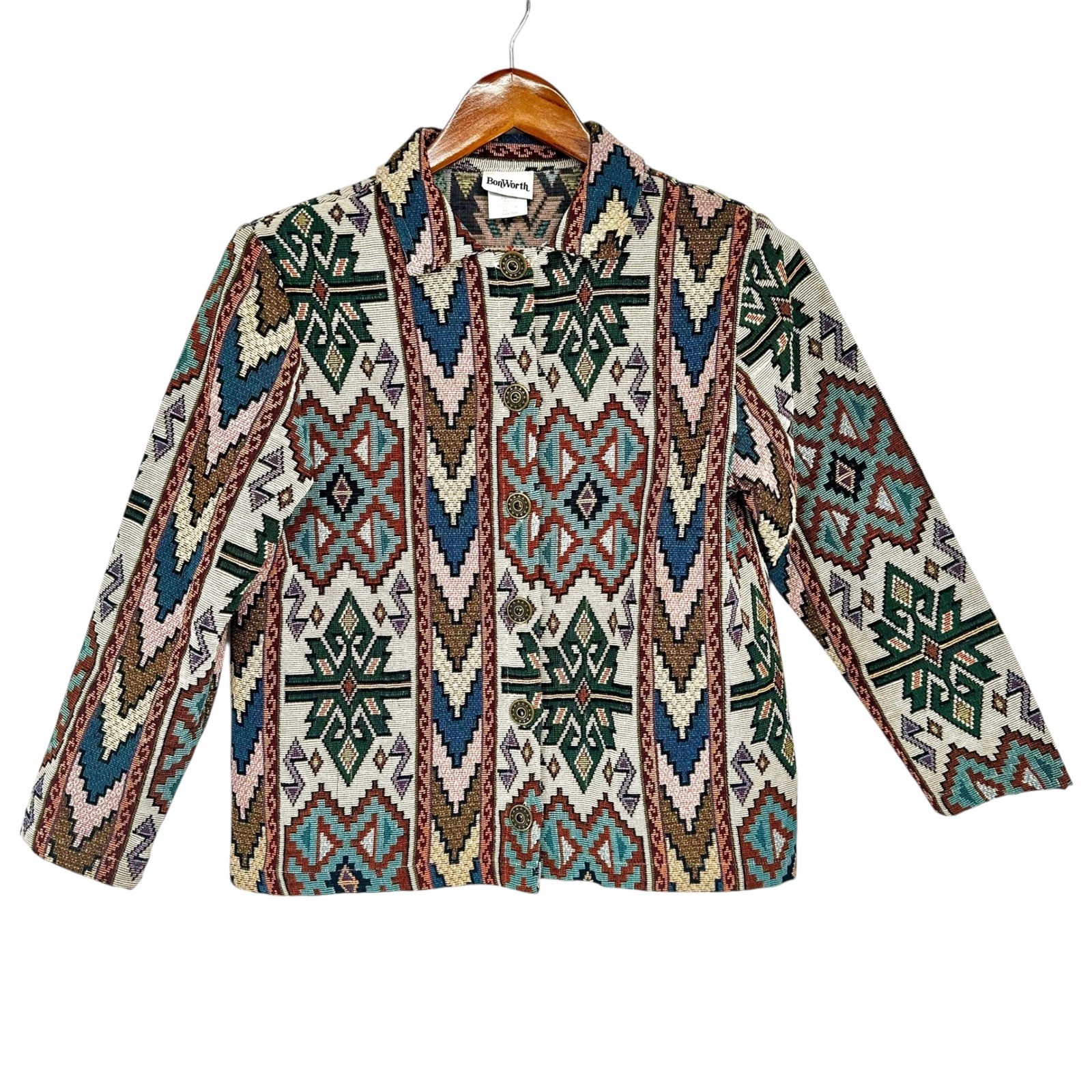 VTG BonWorth Tapestry Jacket Sz SP Southwestern Aztec Multicolor Bronze Buttons