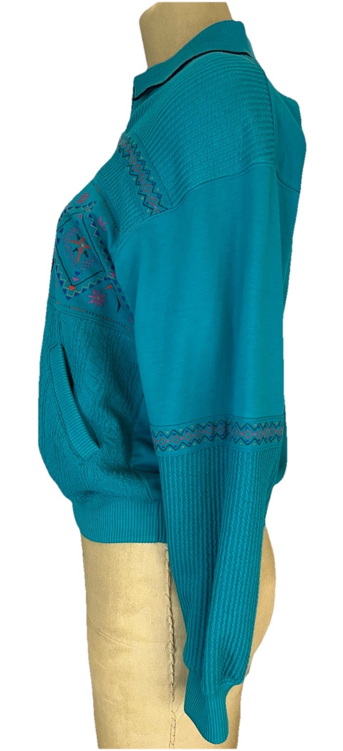 Vtg 90’s Petite Sophisticate Teal Textured L Sl Cotton Top W/ Aztec Print S