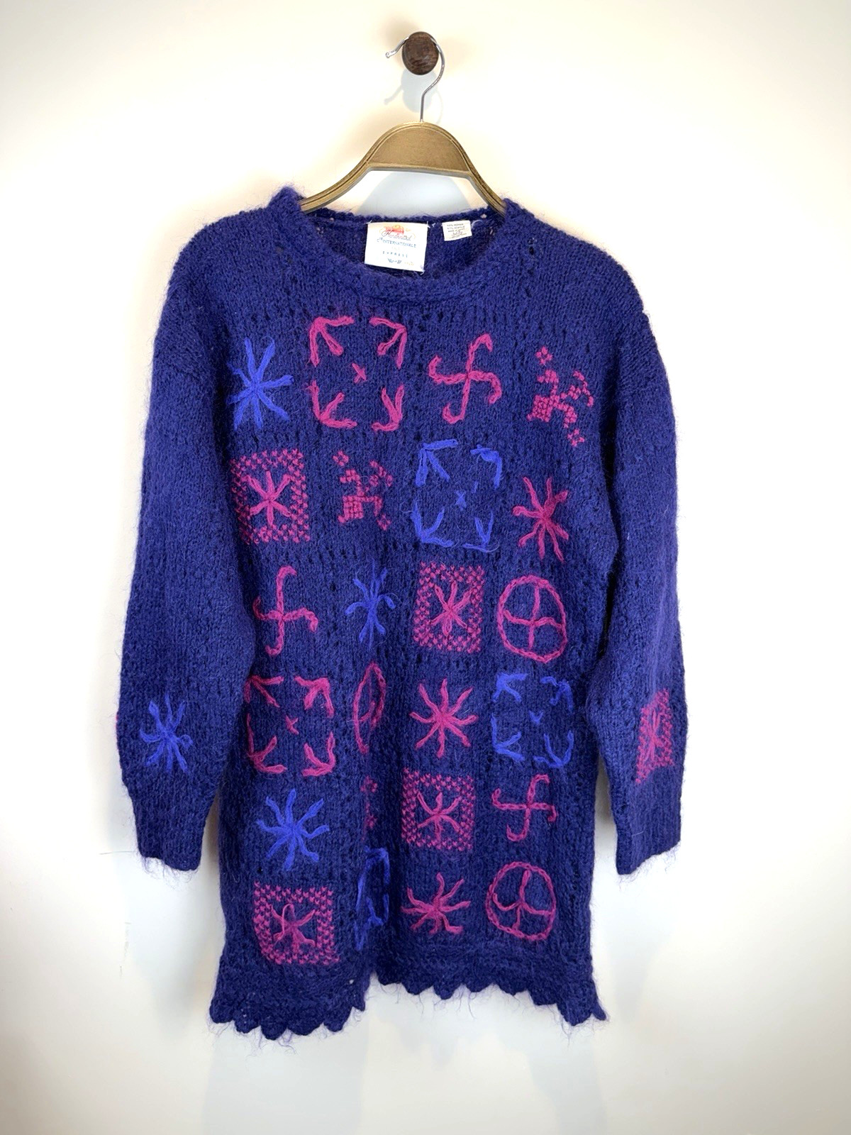 Vintage 1980s 1990s Purple Mohair Wool Mix Hand Knitted Symbols Jumper Sweater L