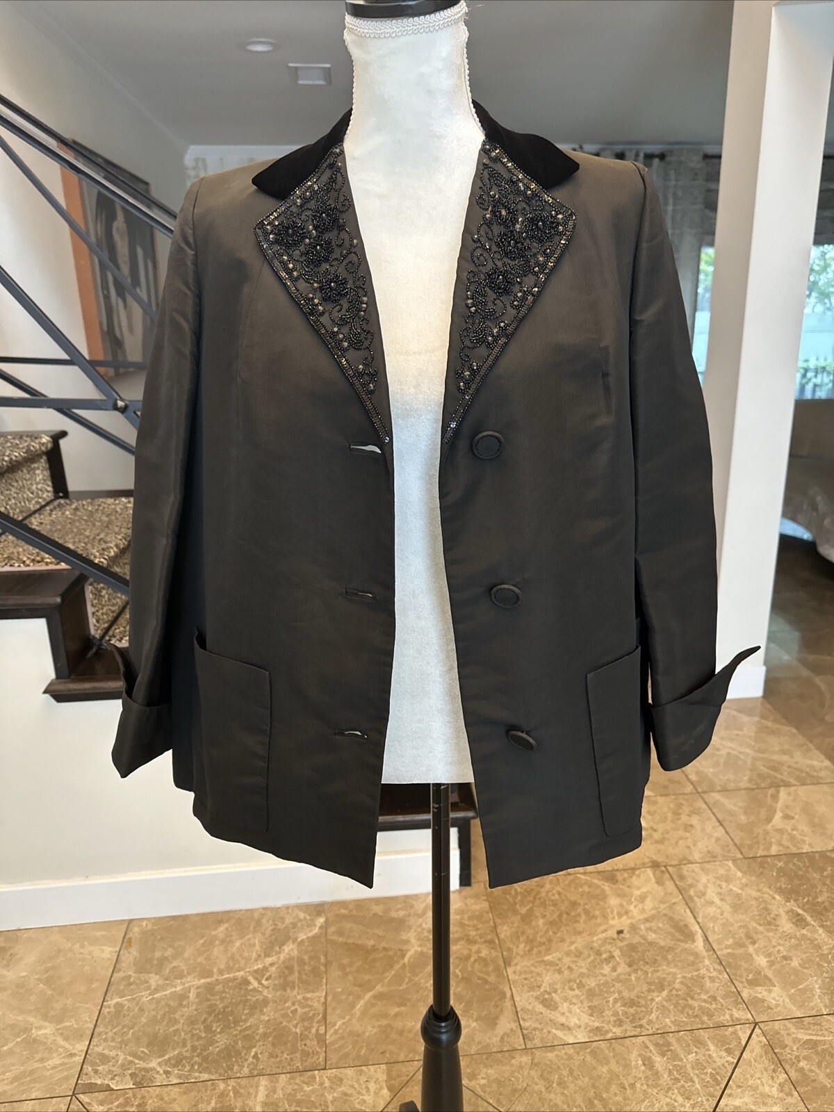 Bonwit Teller 40s Black Silk Faille & Beaded Velvet Lapel Jacket M