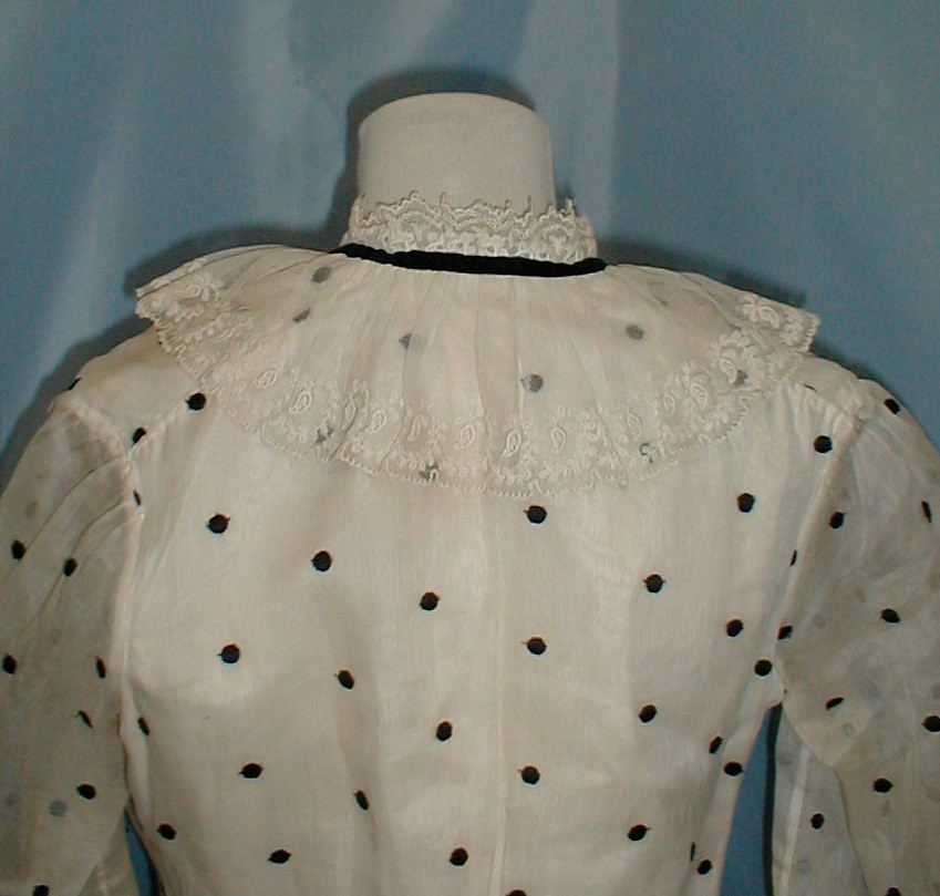 Charming Antique Dress Victorian 1890&rsquo;s White and Black Dot Muslin Lace Trim
