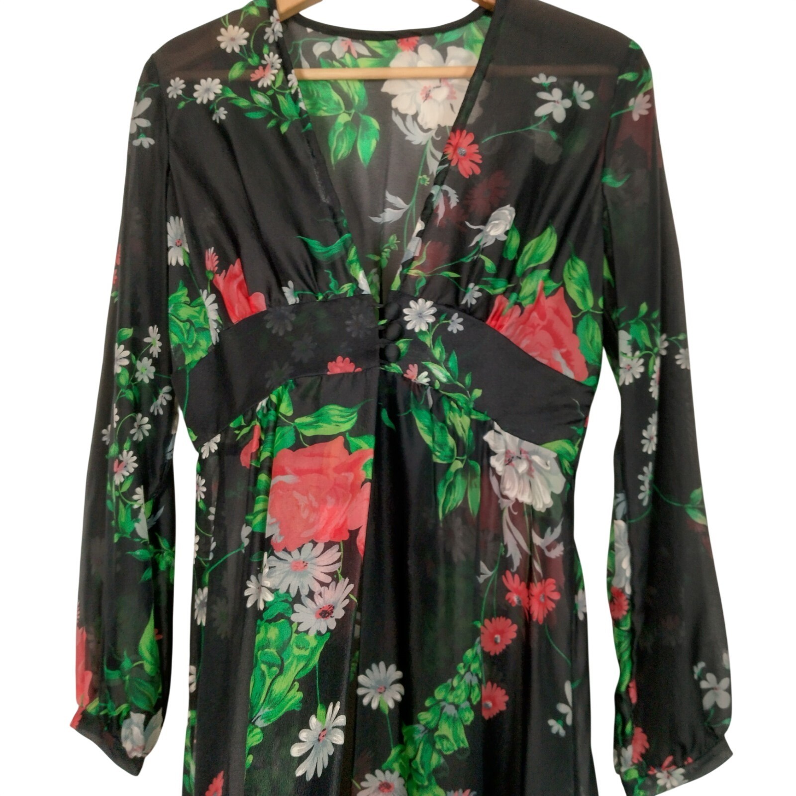 Vintage 1970s Sheer Dress Robe Size 5-6 Black Daisy Floral Hippie Boho
