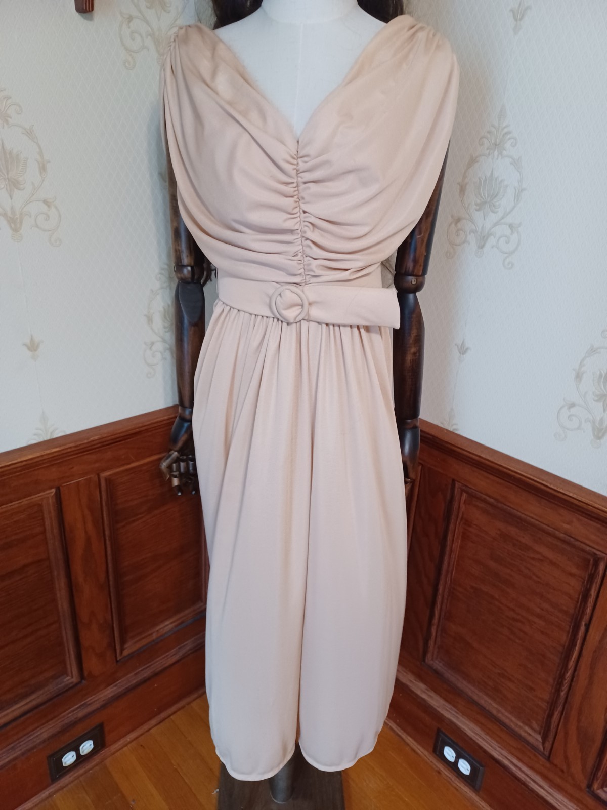 Vintage 1970s Union-Made Earth-Tone Disco Grecian Goddess Midi Dress