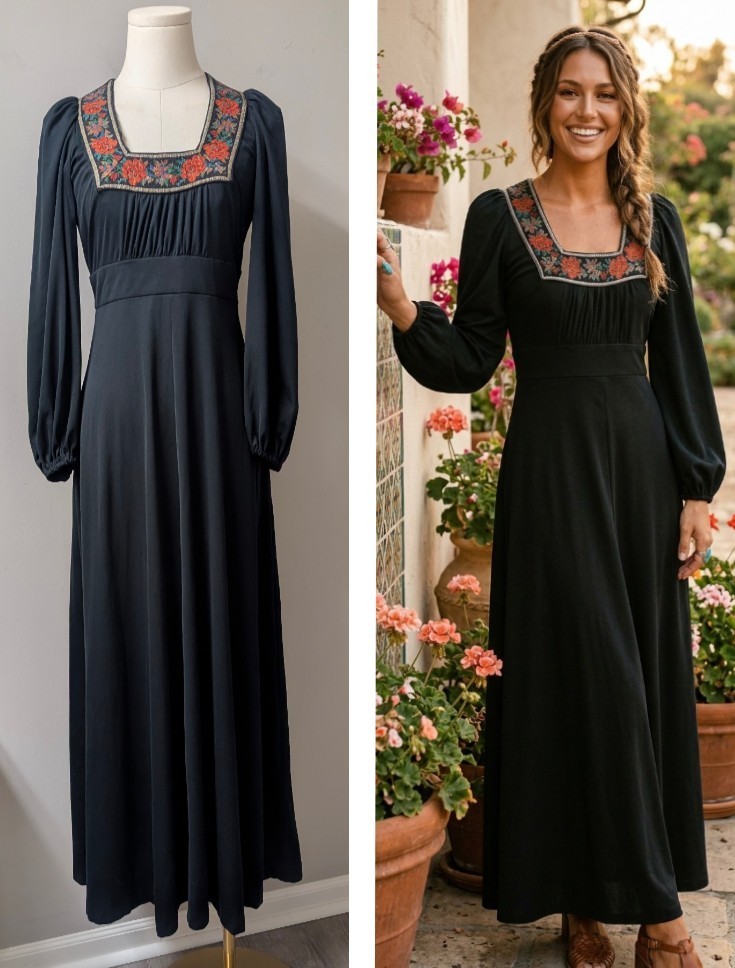 Vintage 70&rsquo;s Empire California Holiday Jersey Maxi Boho Dress Tapestry Trim XS/S