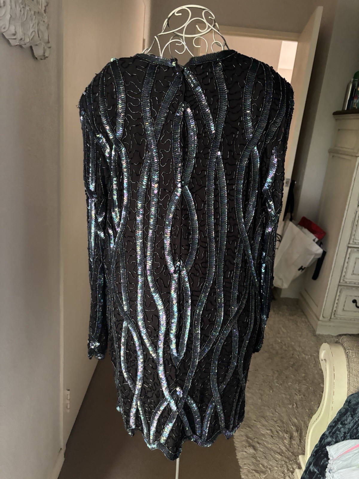 Vintage FRANK USHER Silk Sequin & Beadwork Black Mini Dress M 10-12