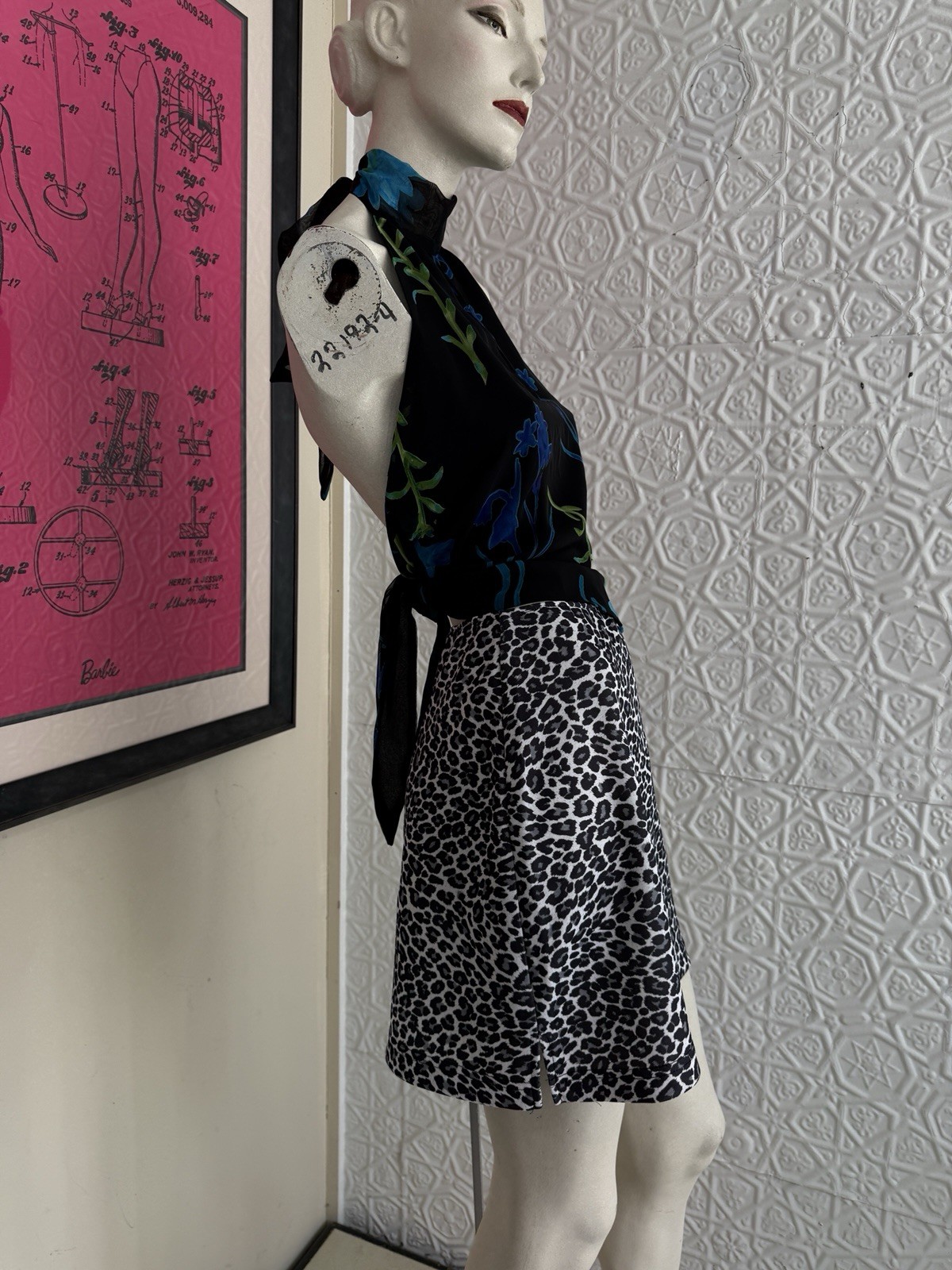 1990s black & white animal print mini skirt-vampy-vintage-USA made stretch-