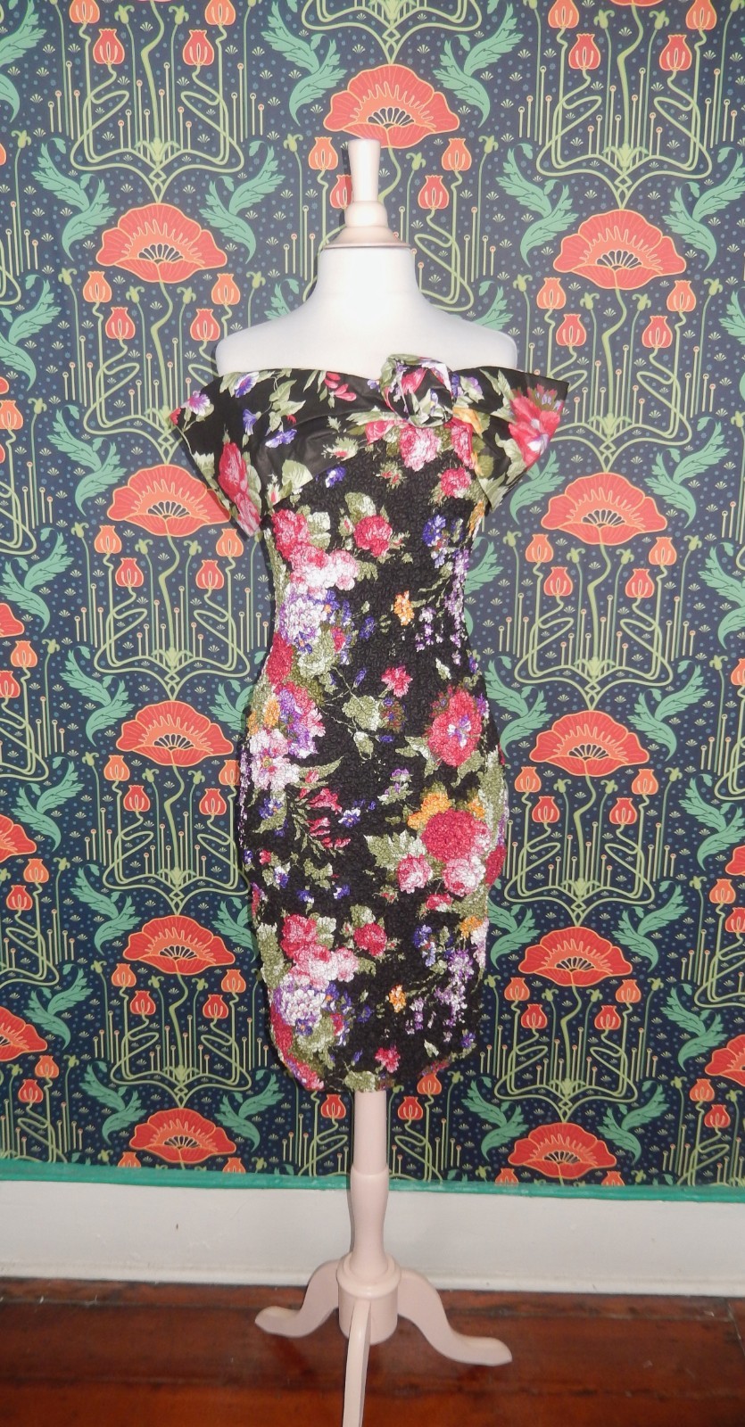 Vintage 80&rsquo;s 90&rsquo;s Floral Chintz Dress Off The Shoulder Wiggle Pencil 6 New