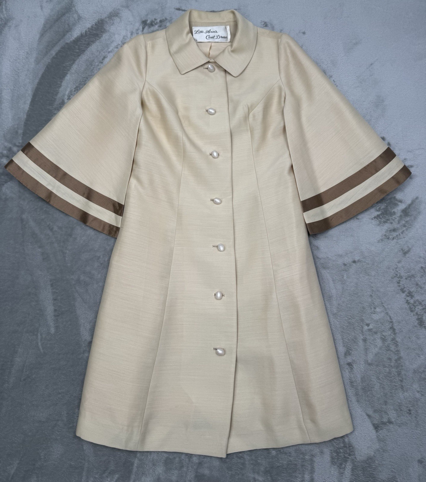 Vintage 50s Lilli Ann Dress Coat Womens Medium Princess Bell Sleeves Linen Pearl