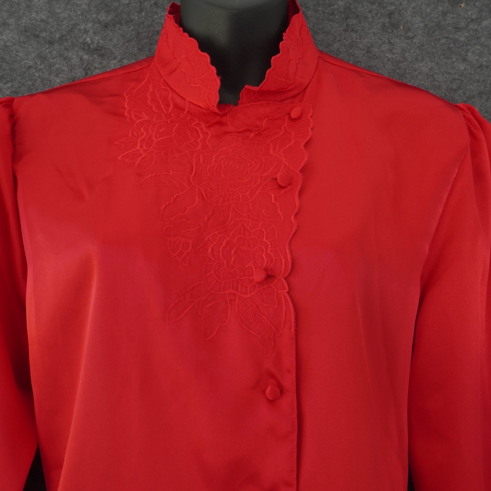 Vintage TJW Mervyns Satin Blouse 16 Red Mandarin Collar Lace Embroidered 80s Top