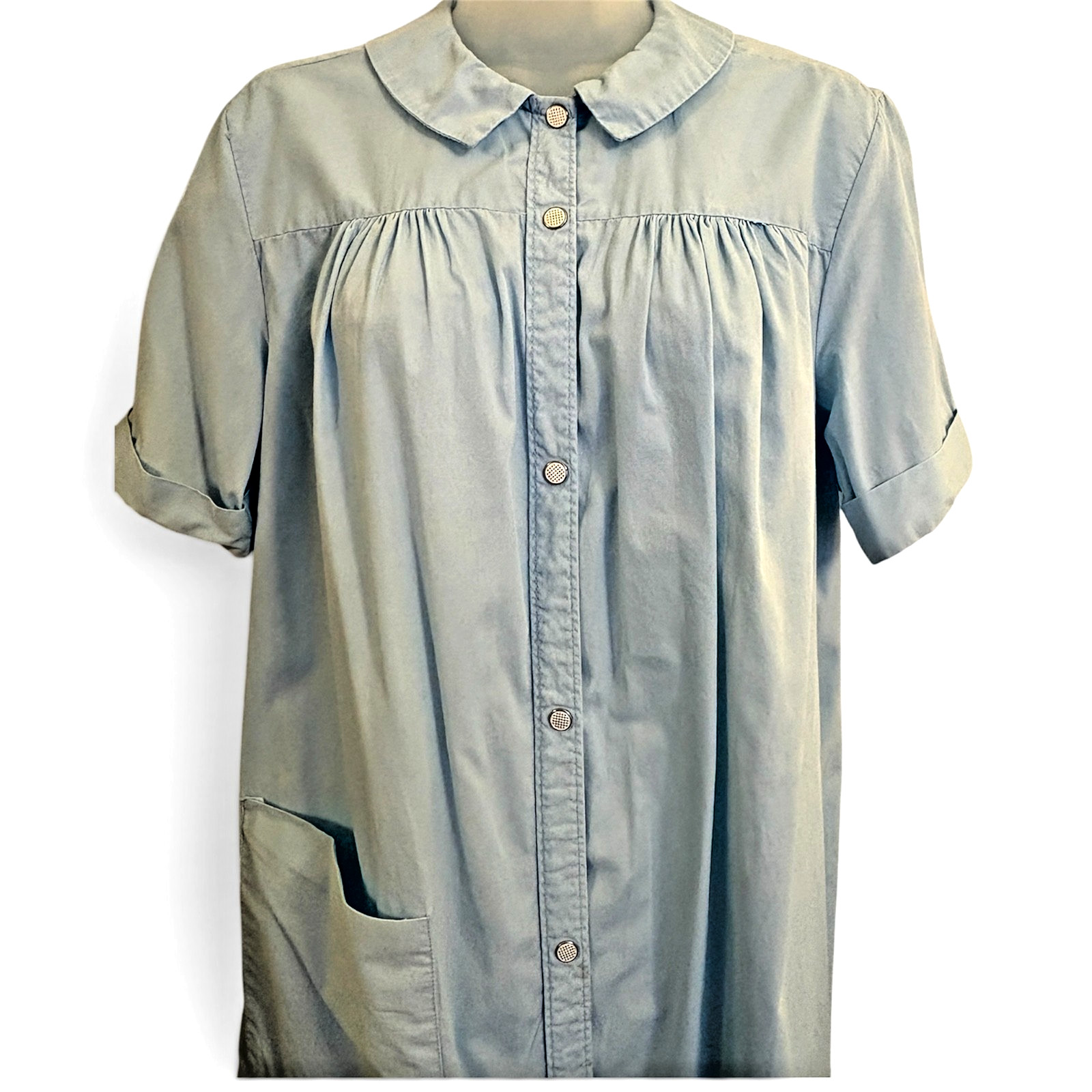 Vintage Miss Elaine Light Blue Cotton Duster Robe Housecoat Snap Front Pocket