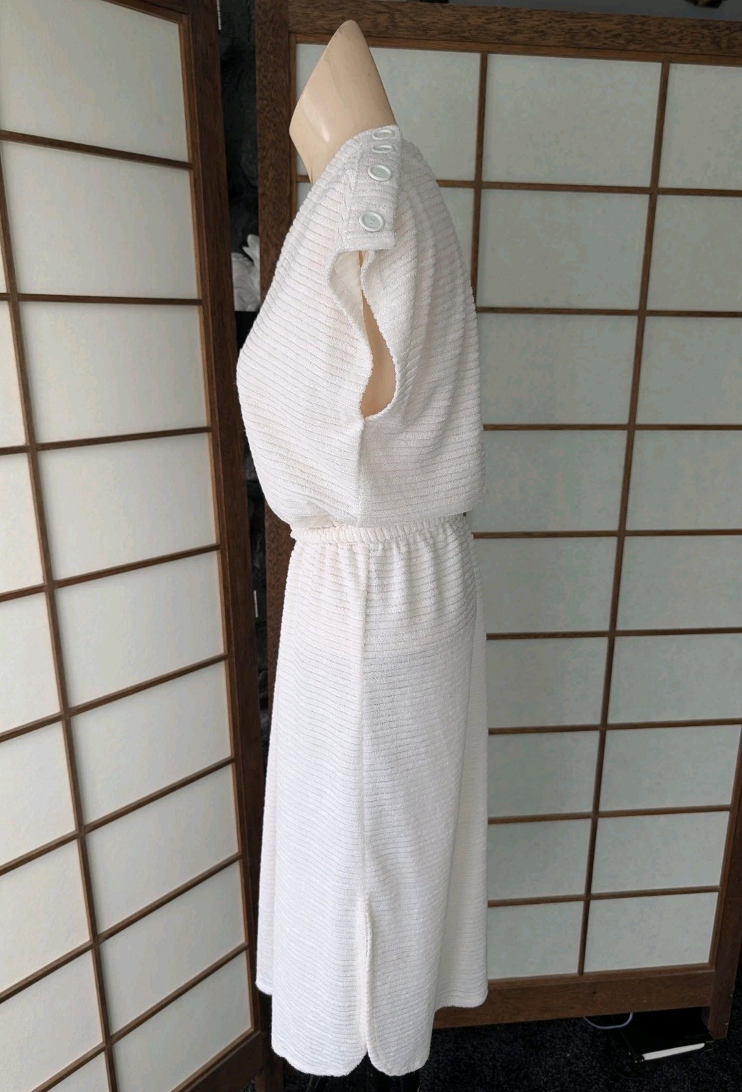 Vtg 1970s 80s Textured Terry Cloth Dress Swim Cover-up White Sz L Belted V-Neck