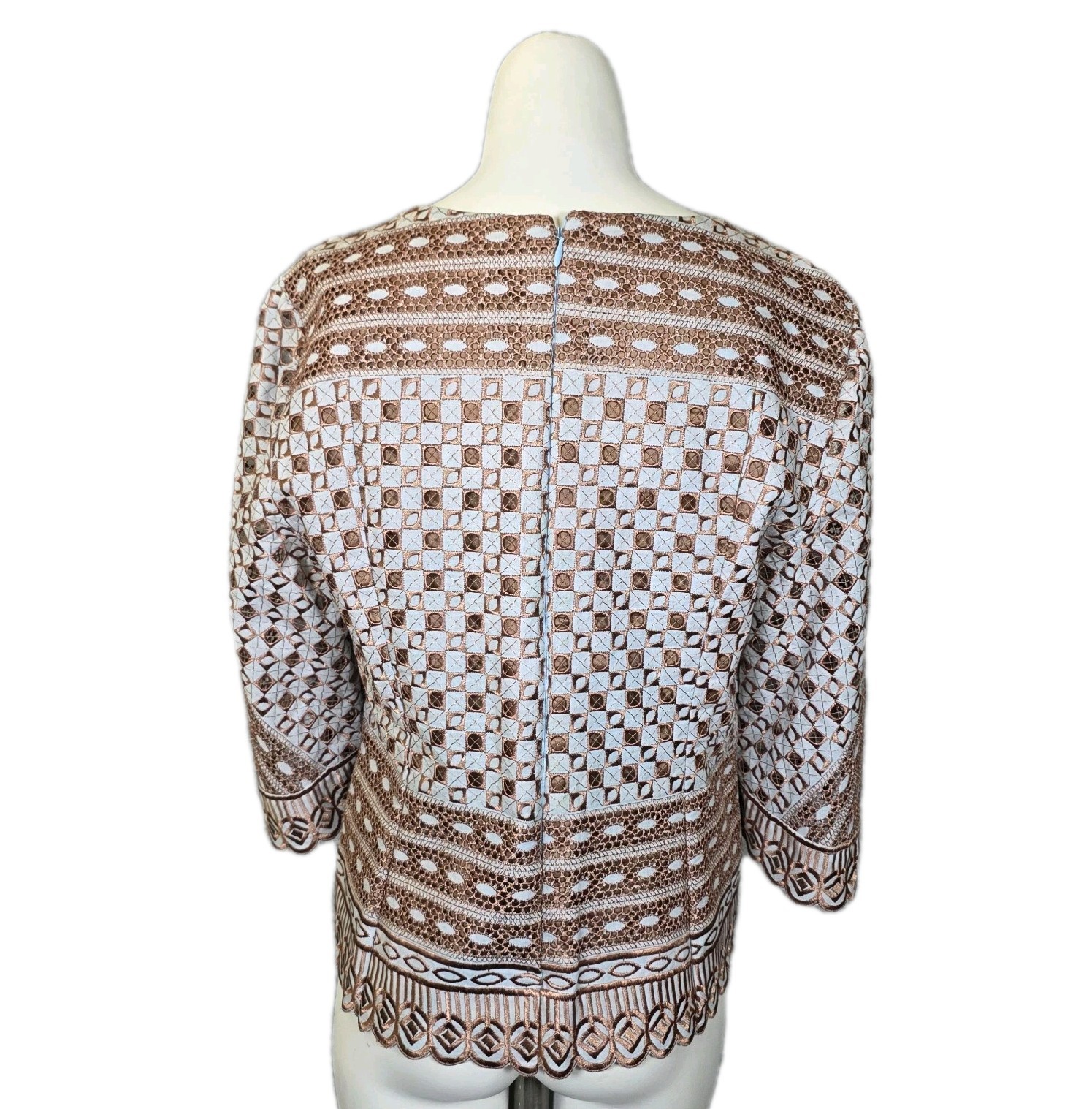 Vtg 70s Guipure Lace V-Neck Top Copper Geometric Cutwork Boho Scalloped Peplum M
