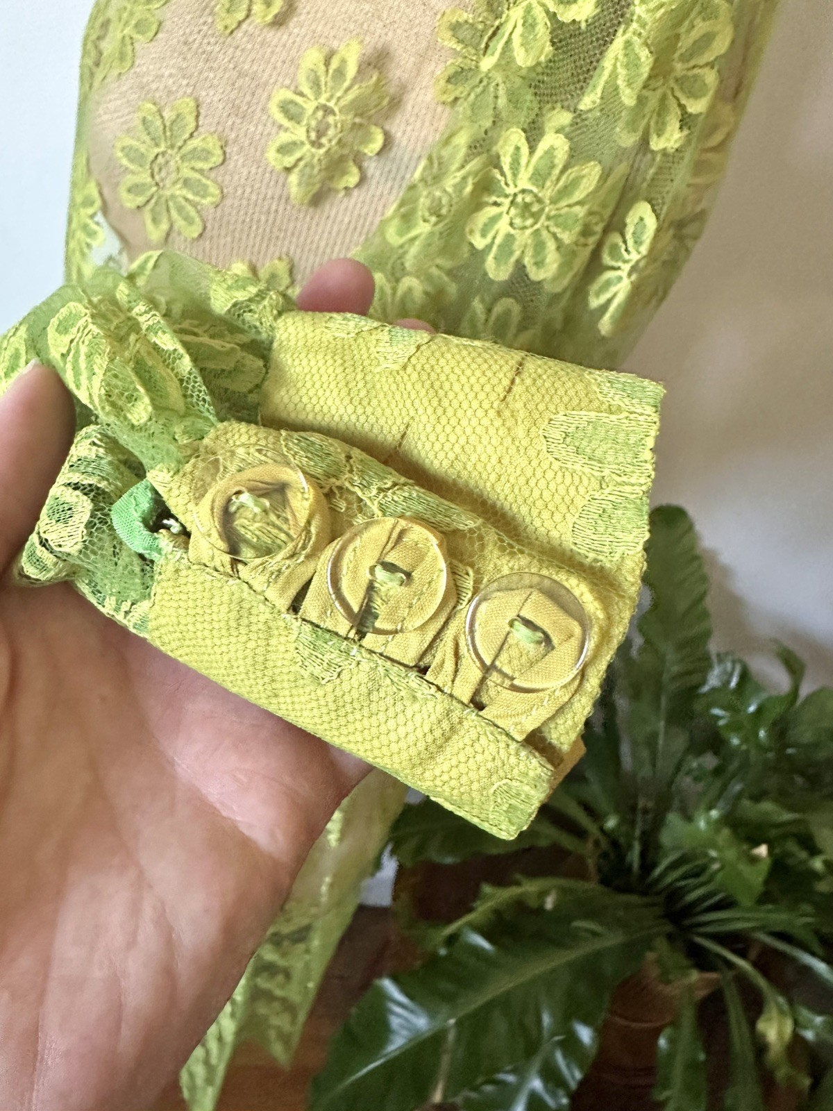 60’s MCM Avocado Green & Yellow Daisy Lace Dress