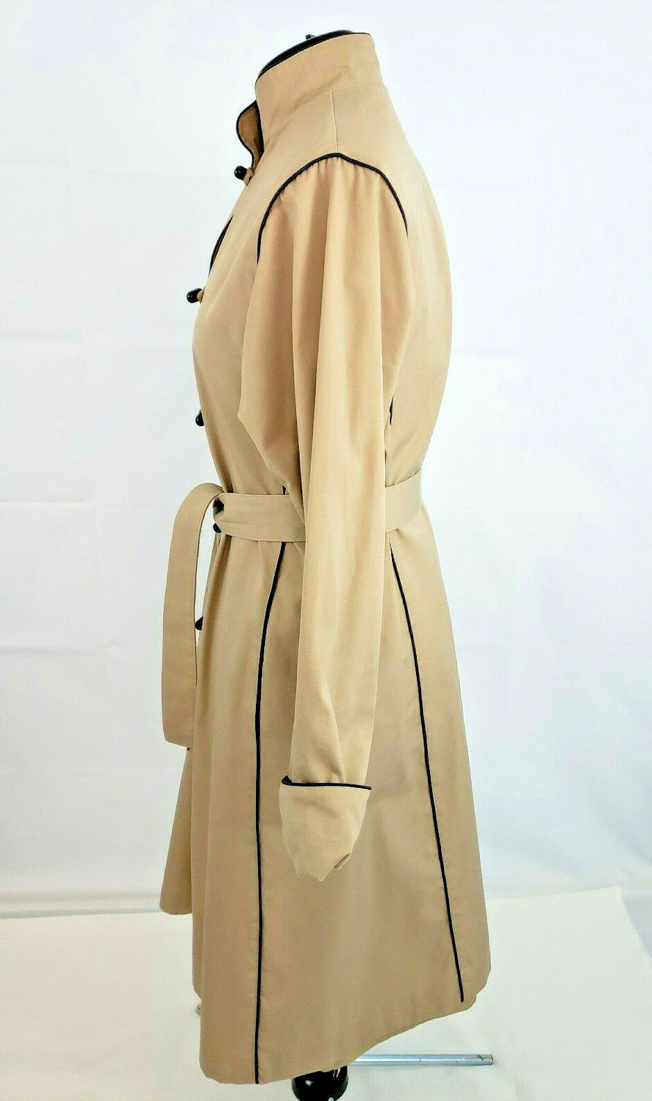 Vtg 1980s Sears Standing Collar Full Length Tan Belted Trench Coat size 18 L81