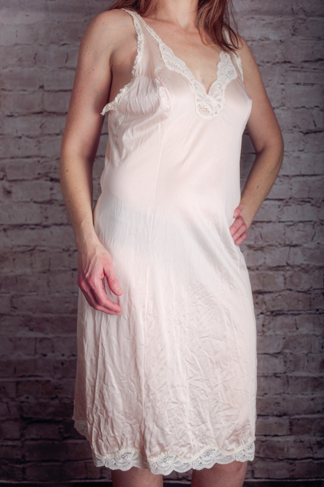 L&rsquo;eggs Vintage 90s Retro Glam Pinup Satin Lace Full Slip Gown 34 Med Light Pink