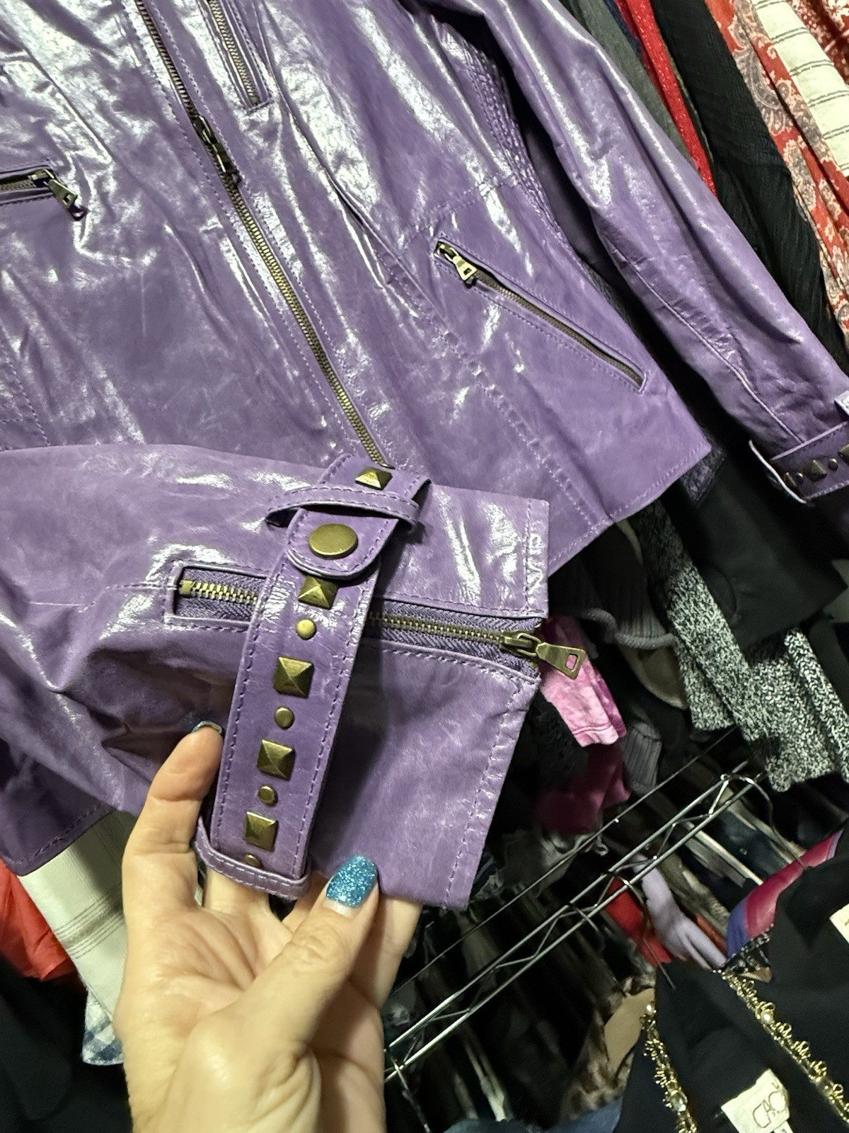 Unique Purple leather moto zipper studded jacket Pamela McCoy
