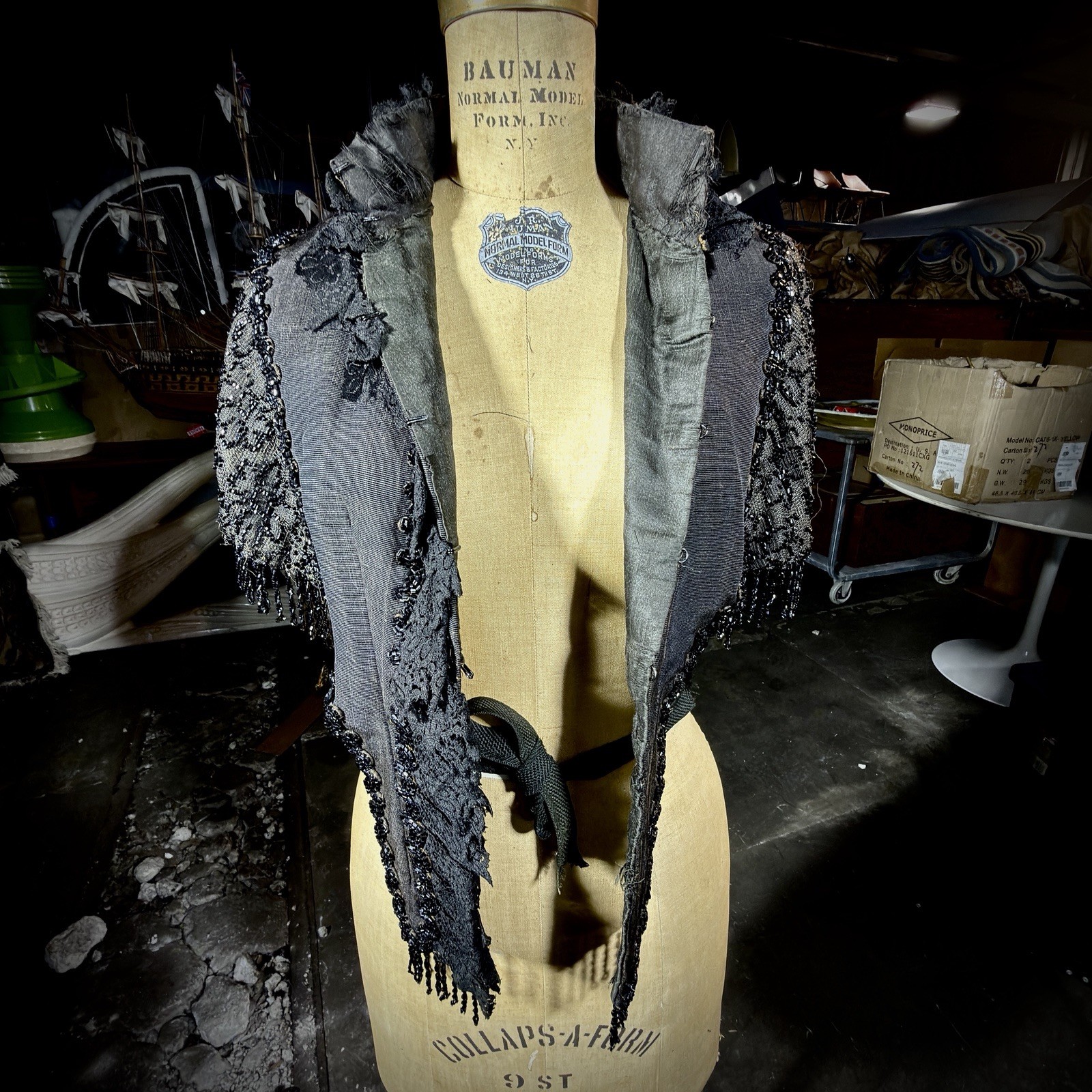 Antique Victorian Mourning Cape | 1880s Jet Beaded & Chantilly Lace Mantle