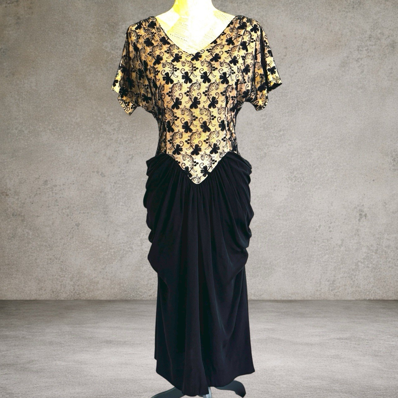 VTG 1940-1950 Black Illusion Dress Crepe Rayon Lace Draped Hips Pencil Elegant