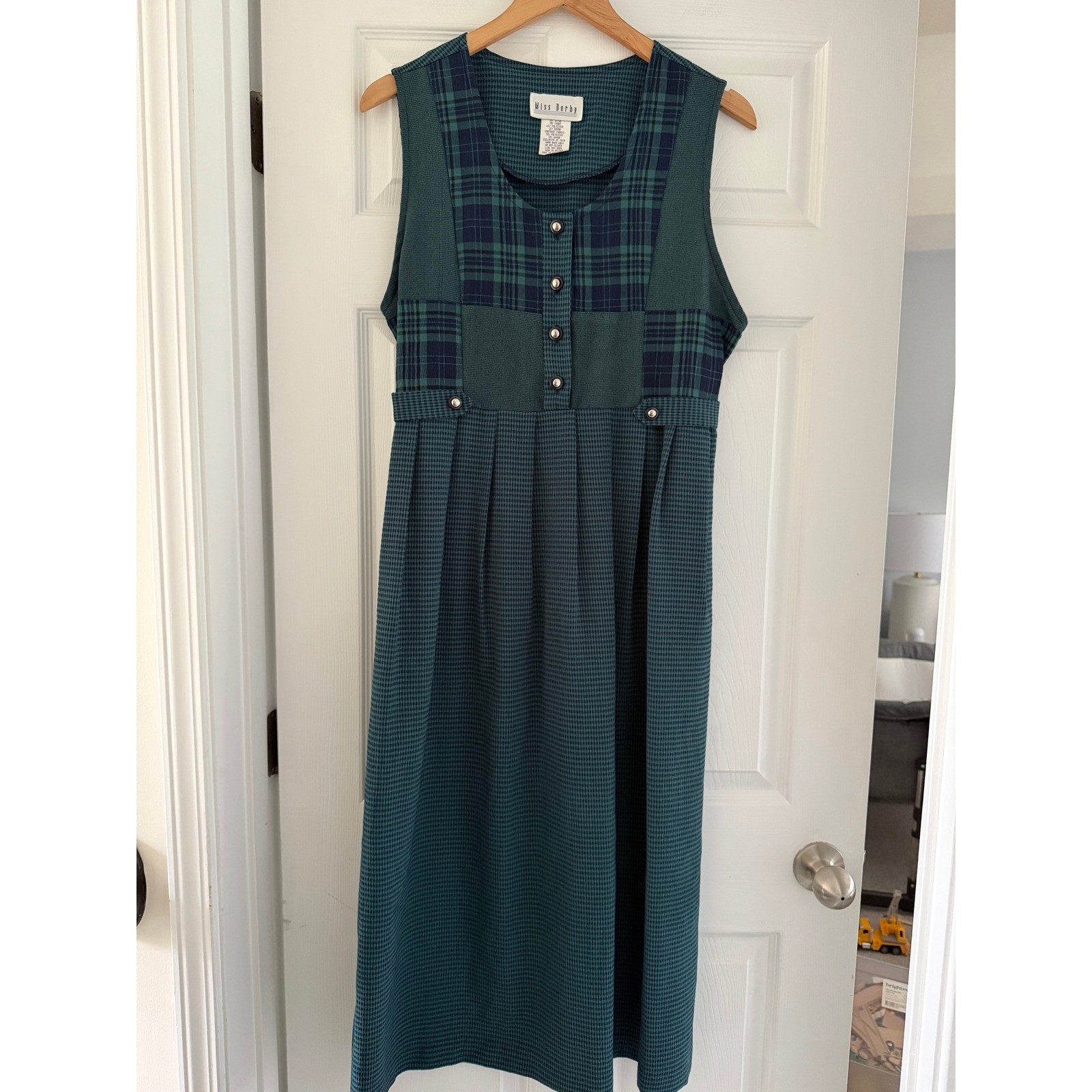 Vintage 90s Gingham Green Sleeveless Cottagecore Dress School Teacher