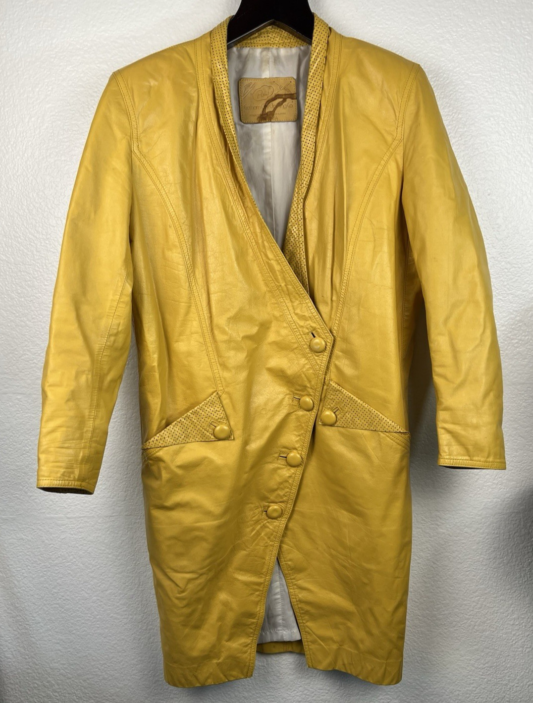 Women&rsquo;s Long Leather Vintage 80s Coat Mustard Yellow Gotham City Sz S/M Pop Art!