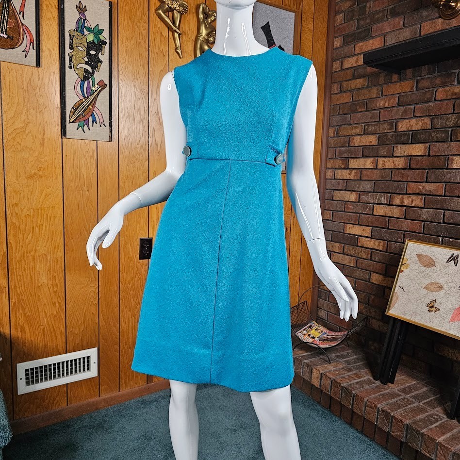 Vintage 60s Mod Go Go A-Line Empire Mini Shift Teal Texture Knit Party Dress M/L