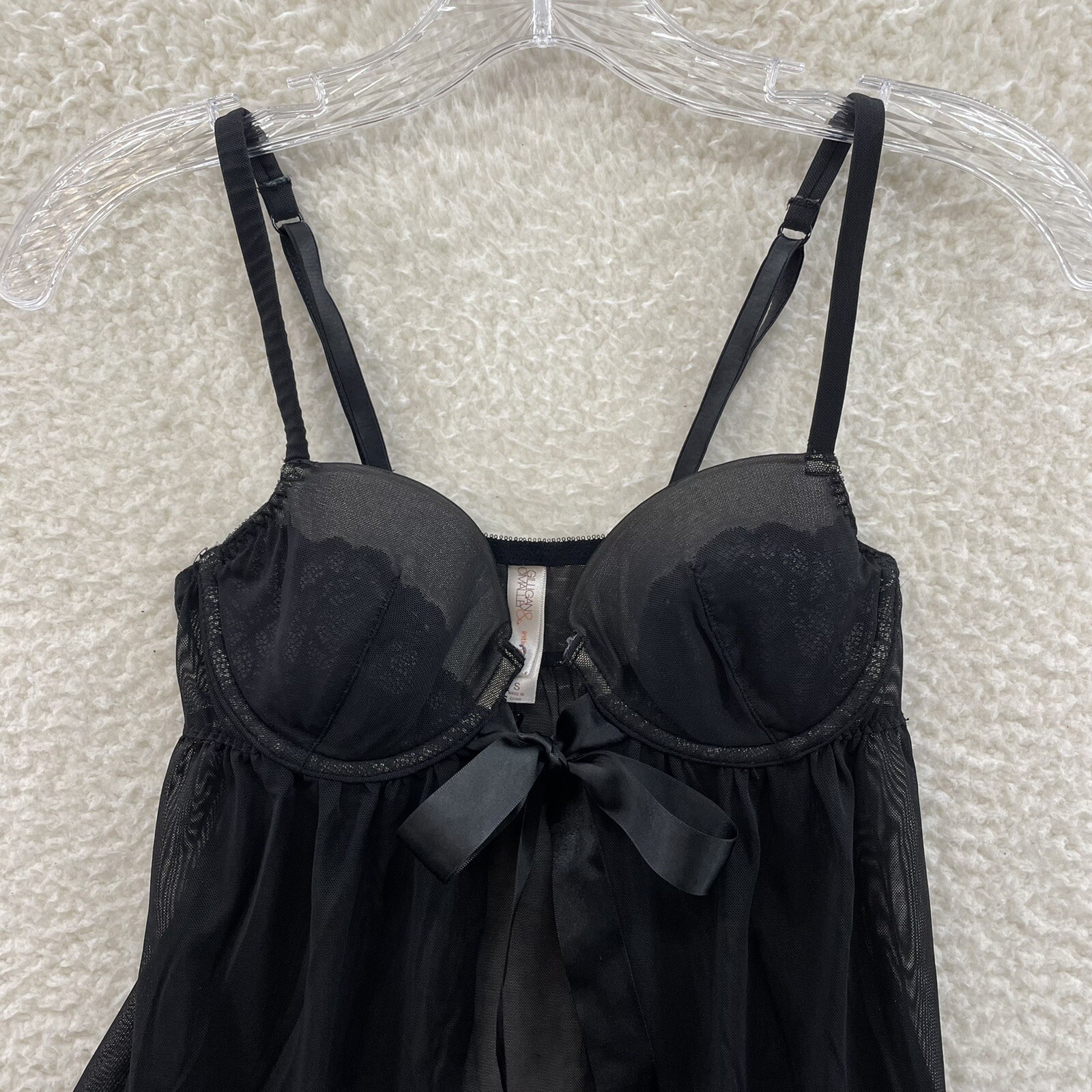 Y2K Vintage Gilligan O&rsquo;Malley Babydoll Slip Small Black Mesh Bow Padded Cupped