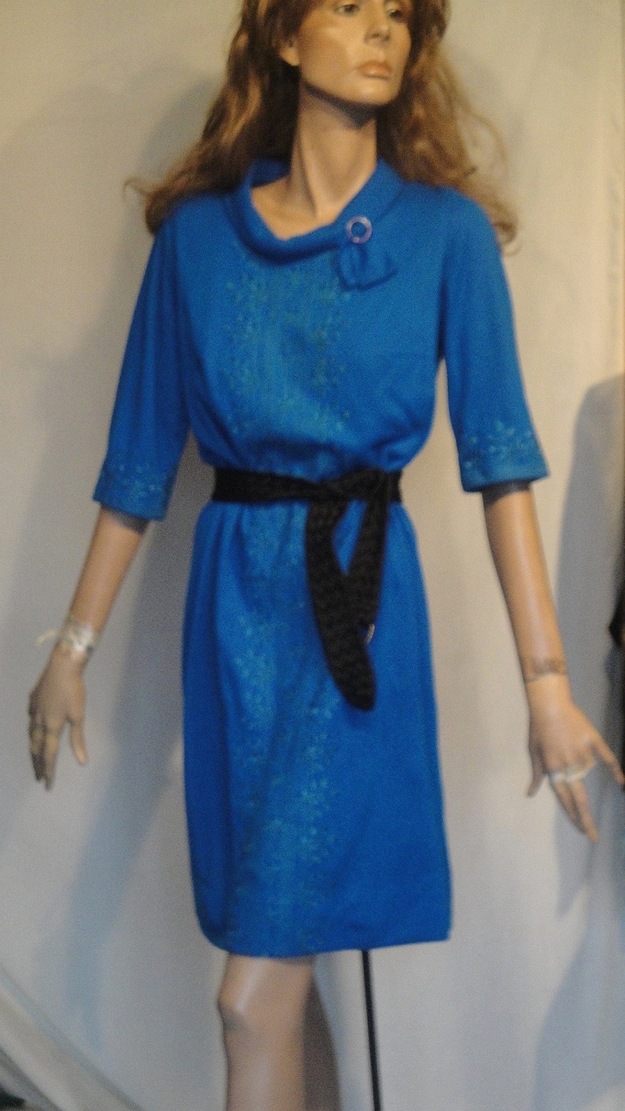 Vintage 50s 60s Dark Teal Blue Embroidered Dress B38