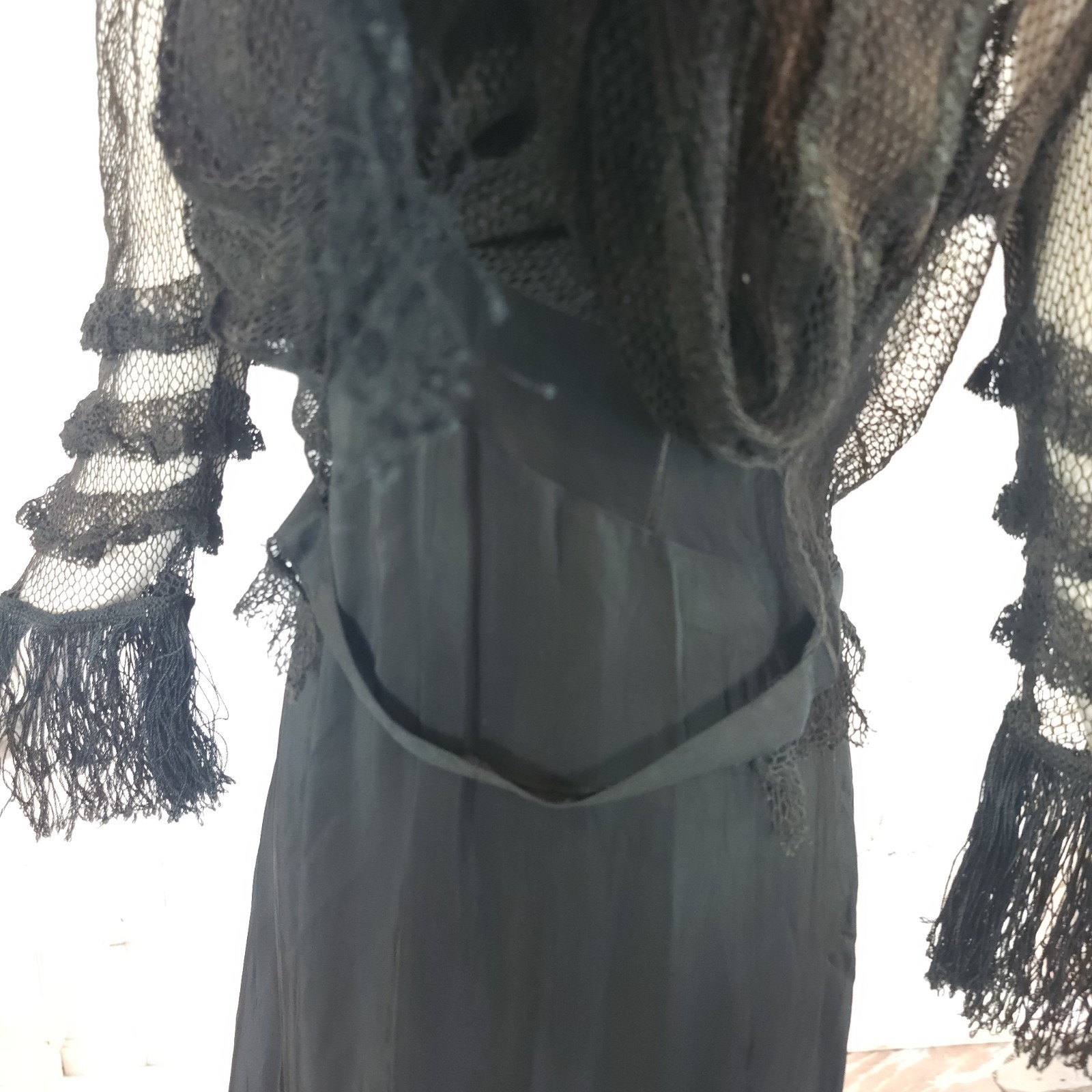 Black Crochet Lace Blouse Fringe Tassels Antique Victorian Edwardian Top Shirt