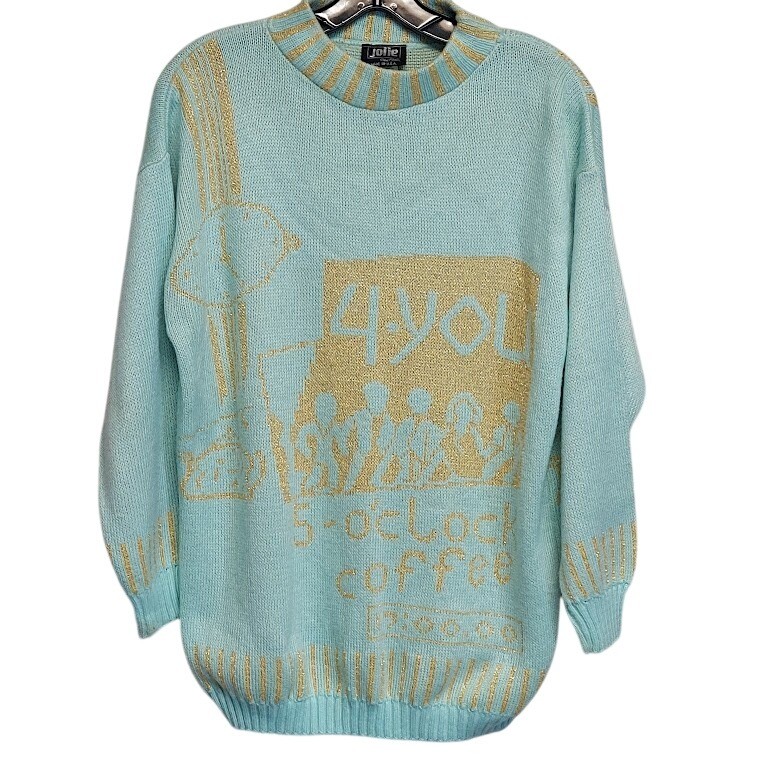 Vintage Jolie New York Aqua Gold Metallic 5 O&rsquo;Clock Coffee Knit Sweater 80s USA