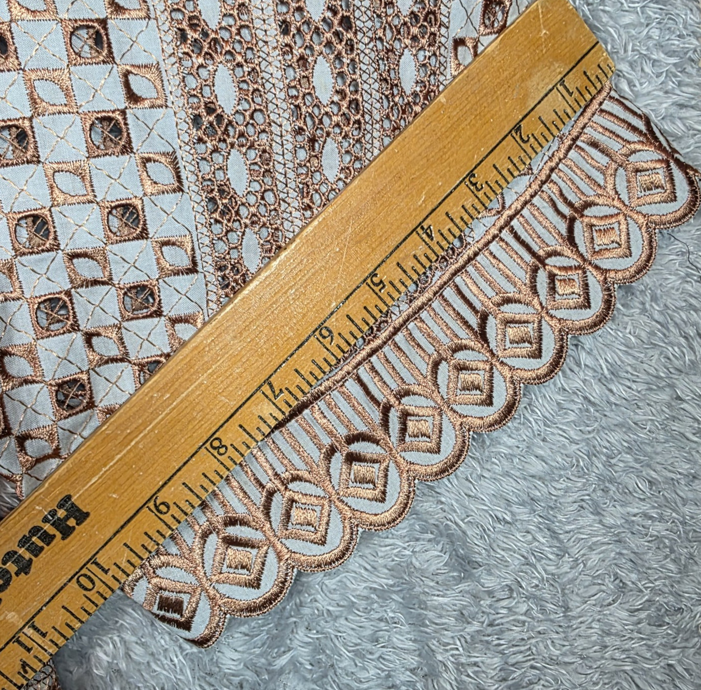 Vtg 70s Guipure Lace V-Neck Top Copper Geometric Cutwork Boho Scalloped Peplum M