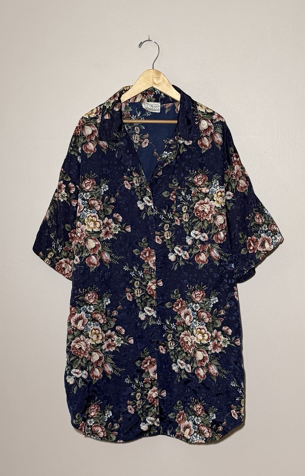 Vtg Val Mode Floral Satin Night Shirt Size L Gown Blue Short Sleeve Button Front