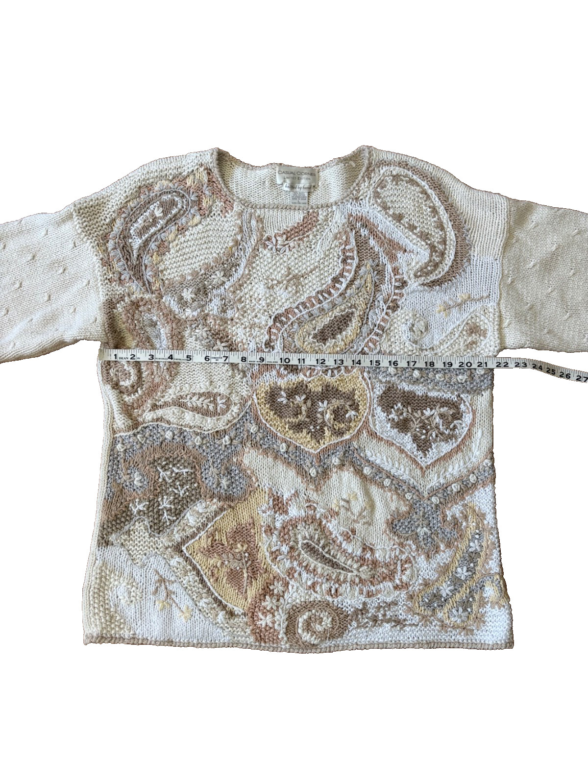 VTG Casual Corner Hand Knitted Sweater 90s Women&rsquo;s Sz Large Paisley Cream Tan