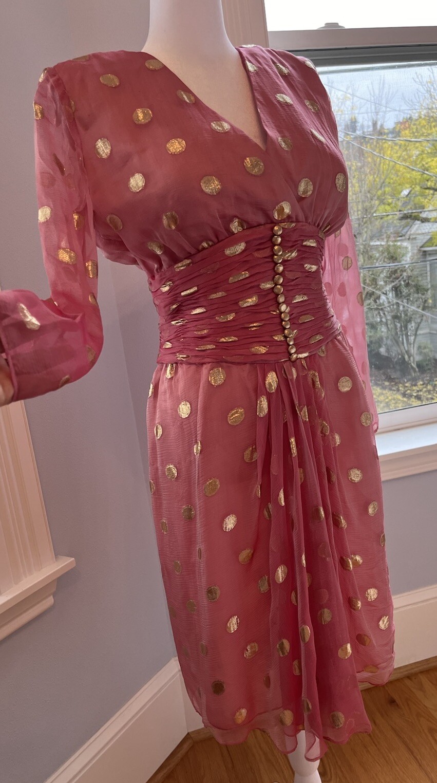 80’s Iconic dynasty Couture Pink Silk Gold Foil Dot Dress 6 Vintage Goddess S