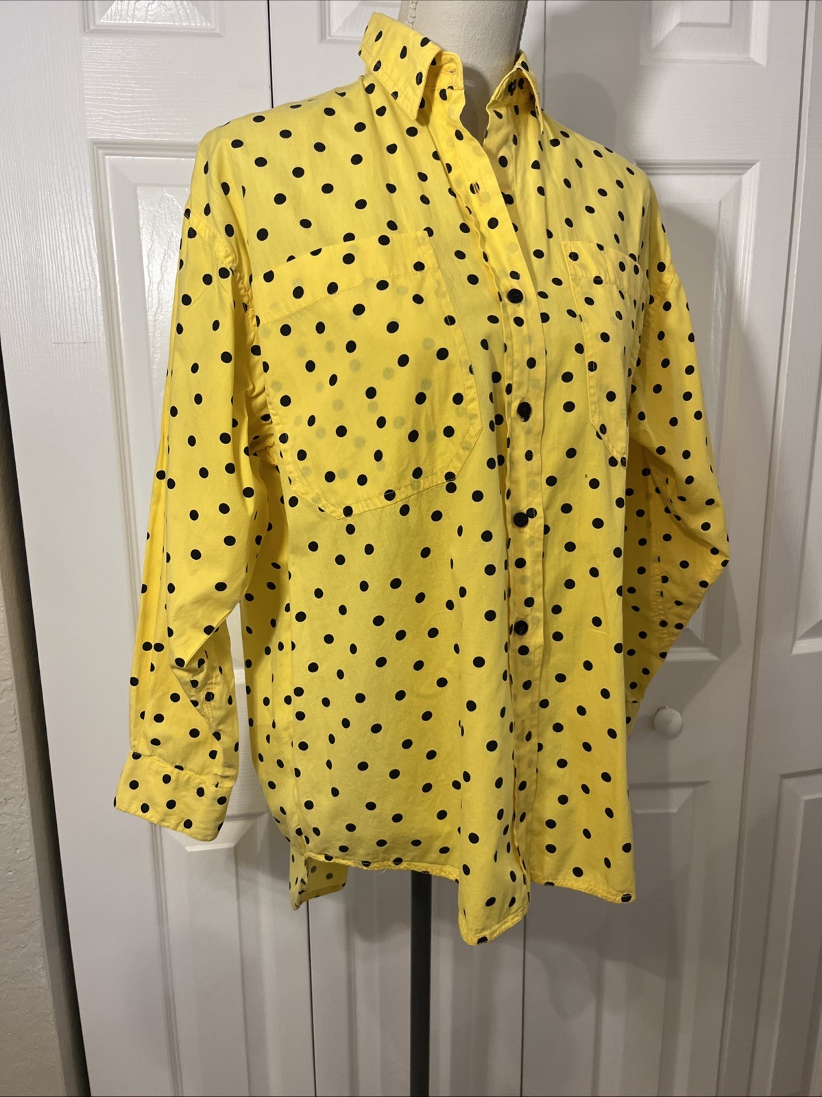 Instant Glamour Vtg 1980&rsquo;s Postmodern Cotton Yellow Shirt Black Polka Dot OS