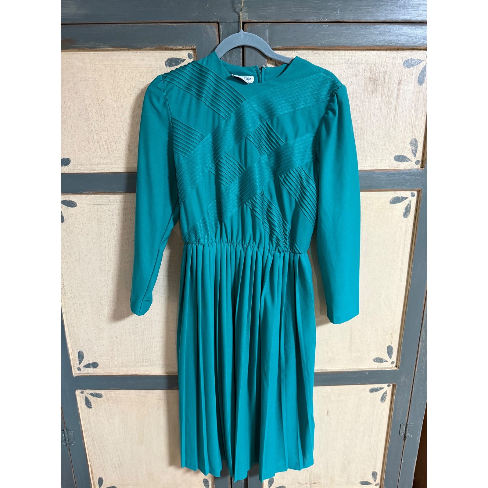 Vintage Bedford Fair Teal Green Pleated Lattice Bodice Midi Dress Church 80s